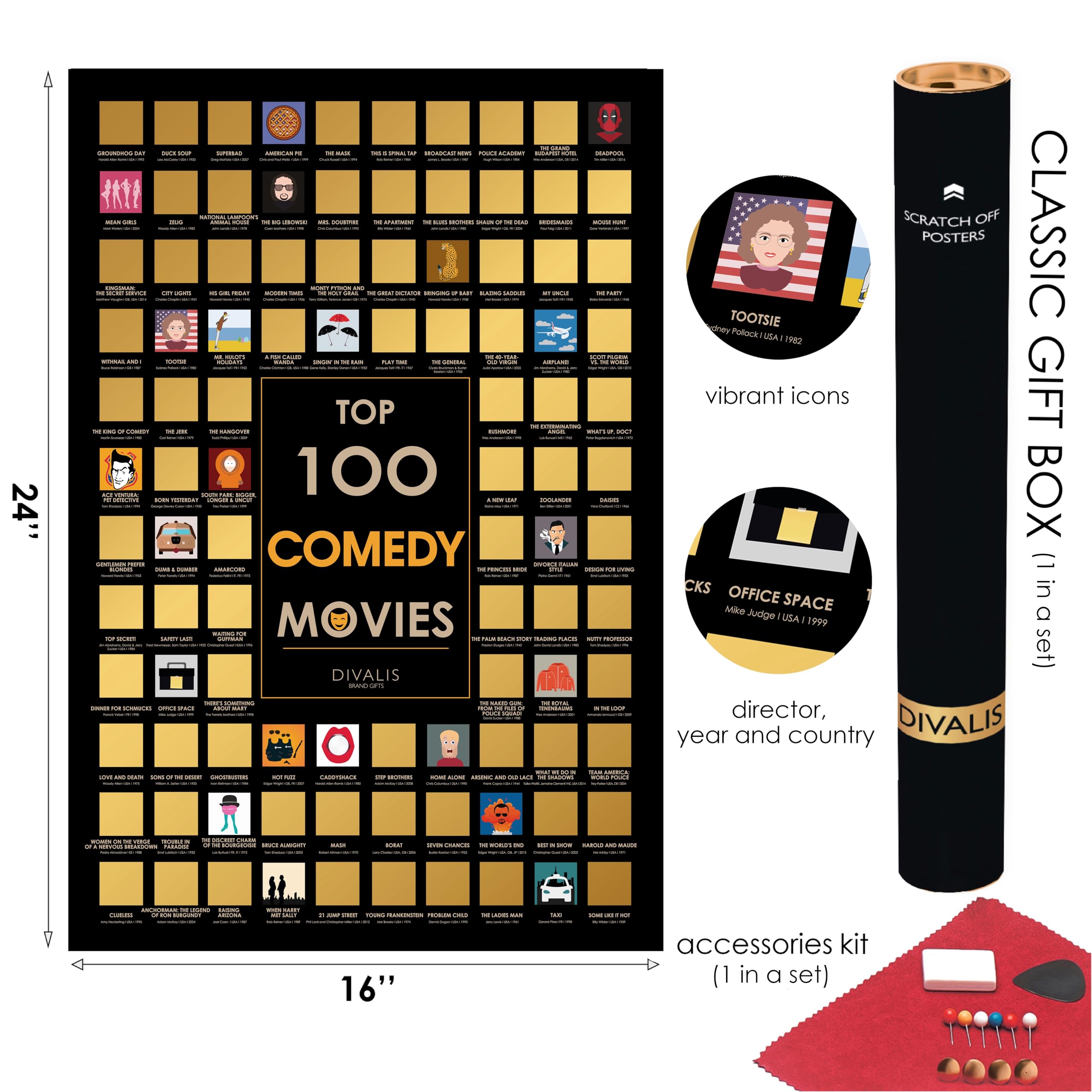 3 In 1 Gift Set - Top 100 Scratch Off Movies, Horrors, Comedy Posters Bundle - Best Movies To Watch - Essential Cinema Checklist