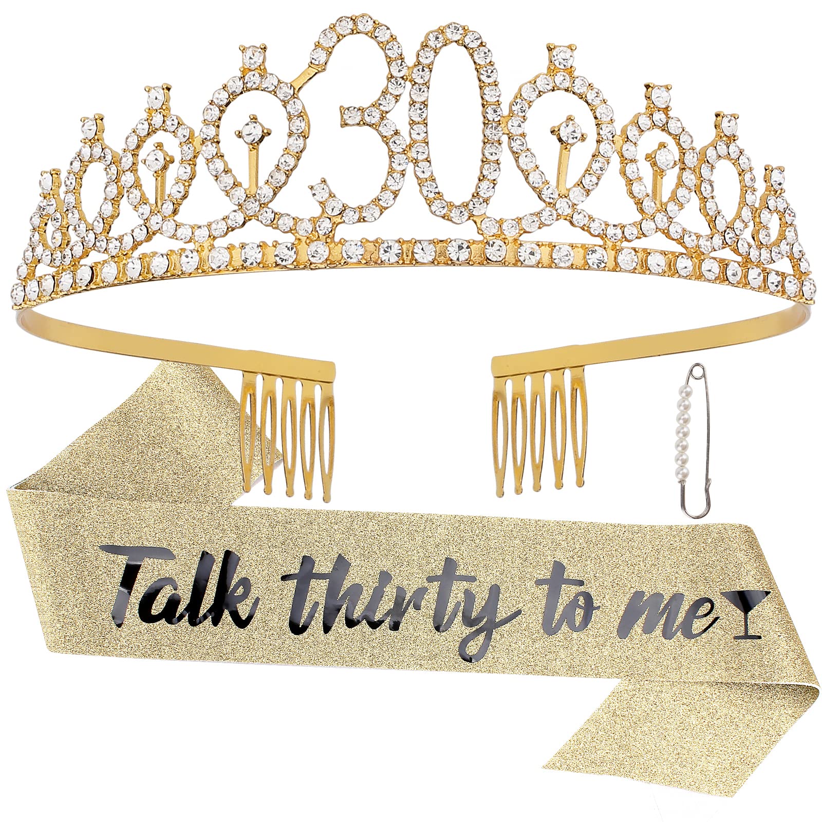 30Th Birthday Sash & Rhinestone Tiara Kit- Happy 30Th Birthday Gifts For Women 30Th Birthday Party Decorations (Gold)