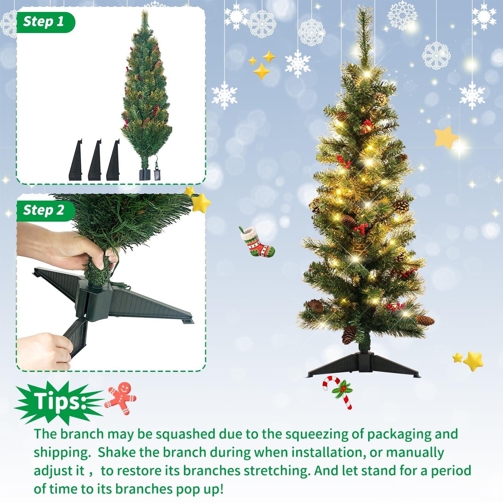 4FT Christmas Tree with Pine Cones and Red Berries,Pop up Green Christmas Tree with Lights,Lighted-up Mini Tree with Pine Cones