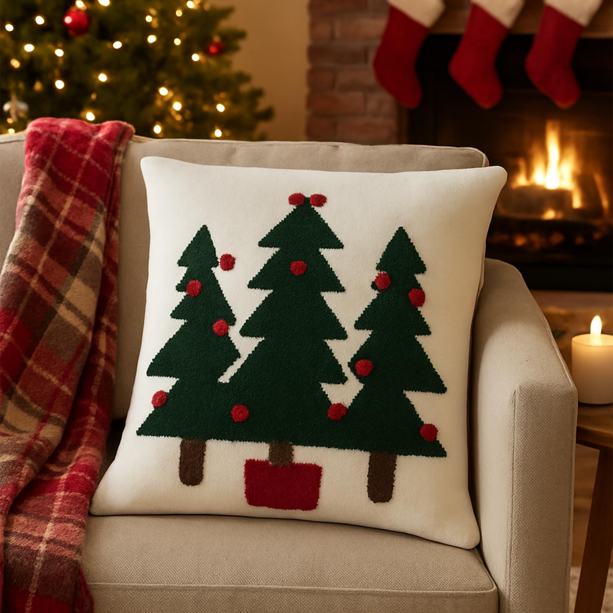 The Purple Tree Pine Tree Christmas Embroidered Cushion (Pack Of 1, 16X16 Inch) Christmas Decor Cushion, Xmas Gift, Best Gift Fo