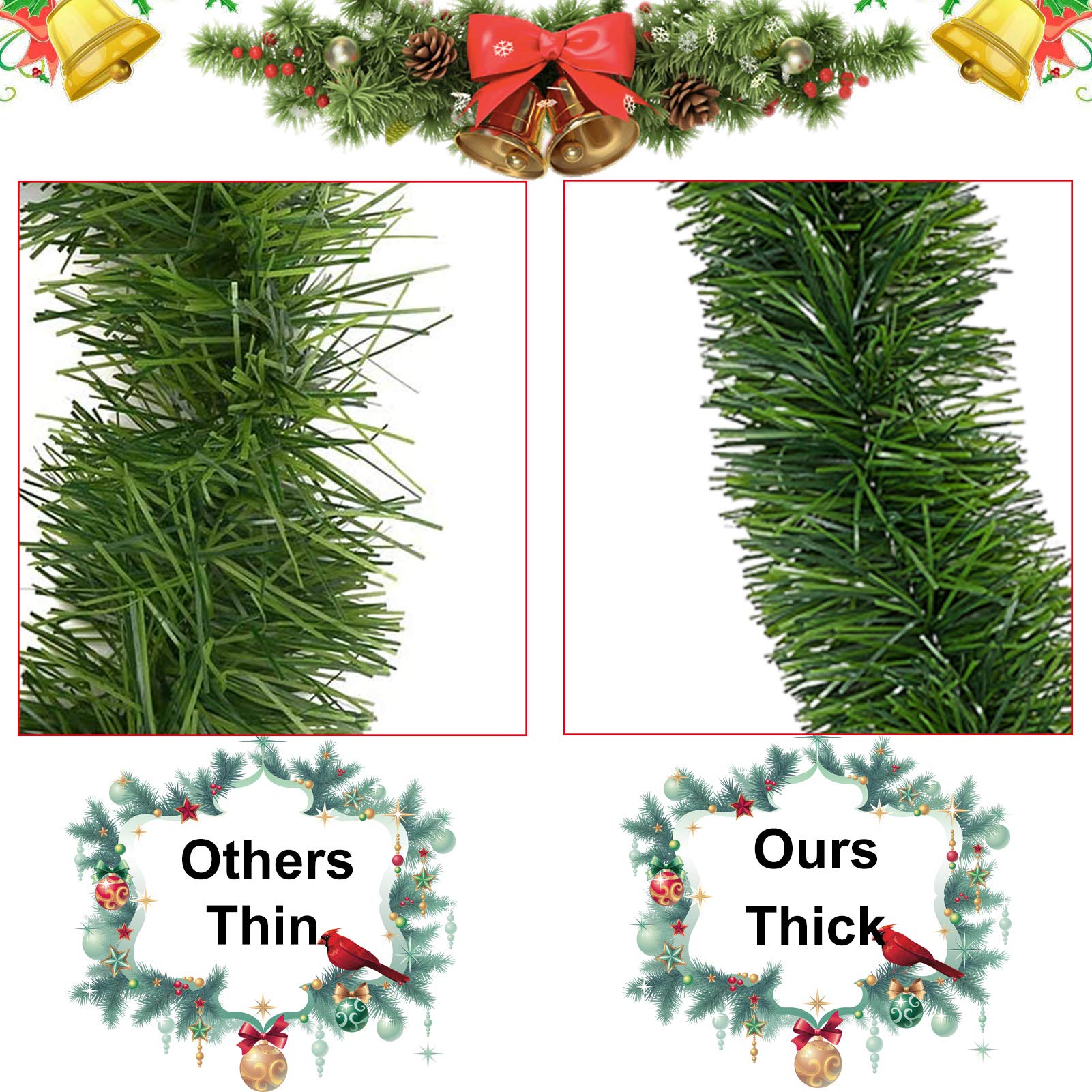 4 Pack 50 Foot Soft Christmas Garland, Non-lit Christmas Garland Ideal for Indoor and Outdoor Decor, Green Tinsel Garland for Ho