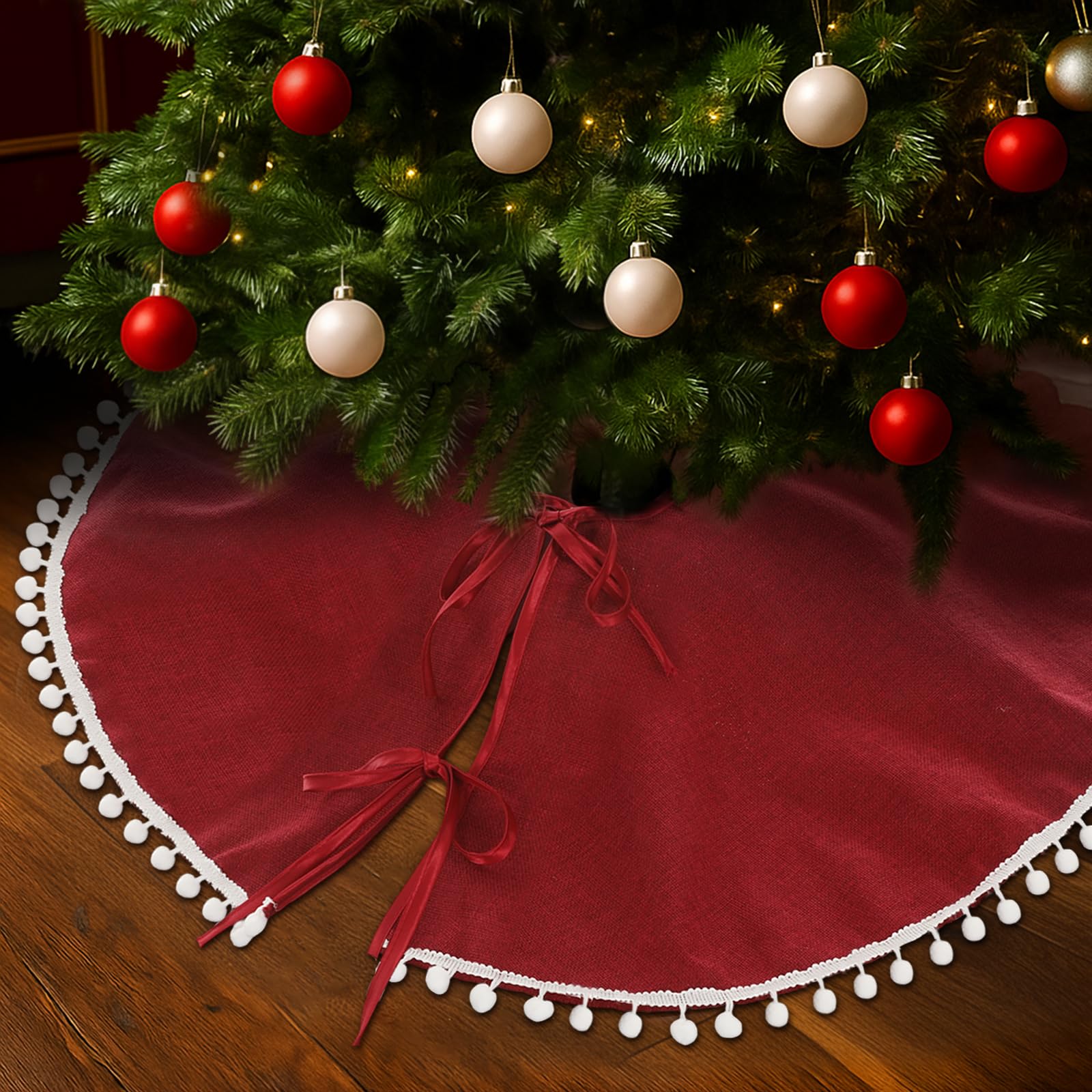 Syhood 30 Inch Christmas Tree Skirt Red Christmas Linen Burlap Tree Skirt Base Cover with Pom Trim for Xmas Winter Home Decorati