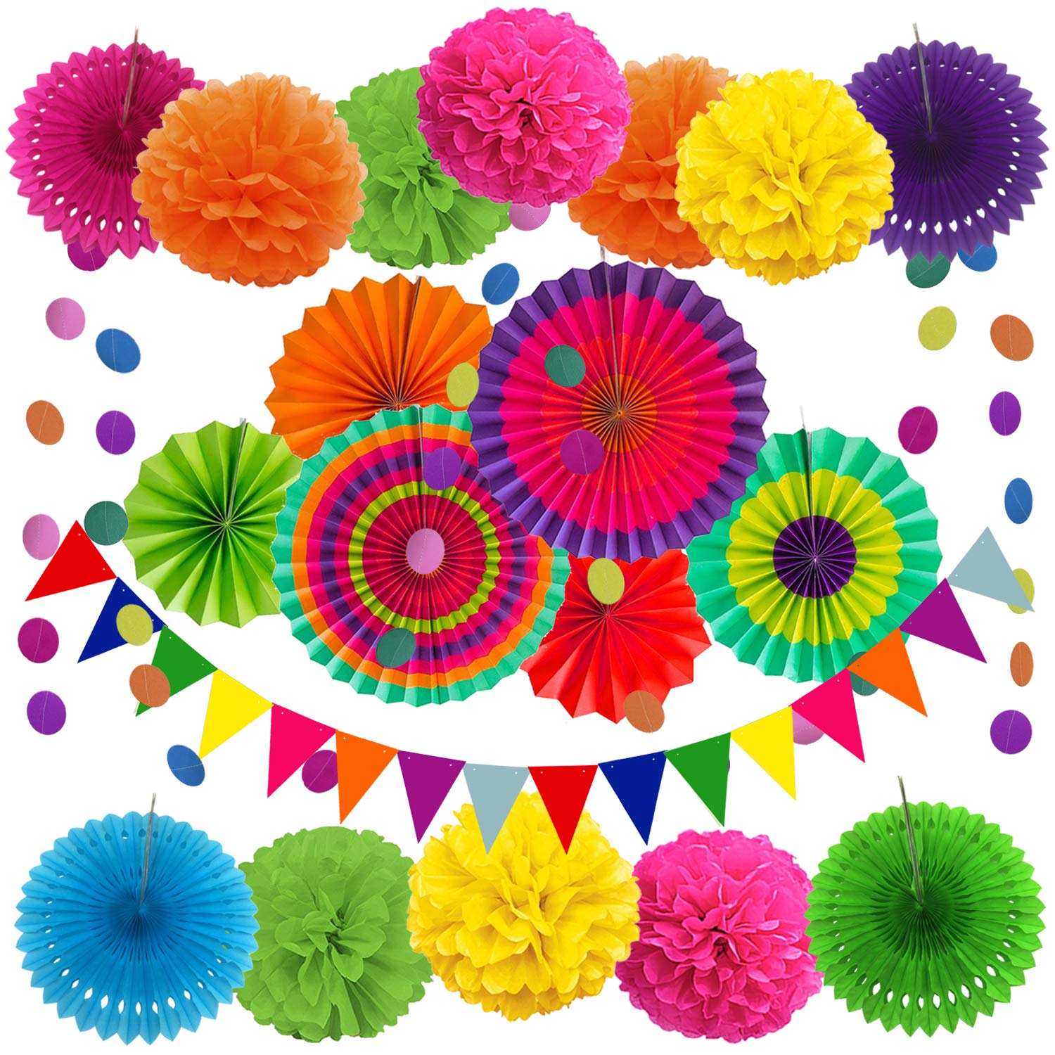 Zerodeco Party Decoration, 21 Pcs Multi-Color Hanging Paper Fans, Pom Poms Flowers, Garlands String Polka Dot And Triangle Bunti