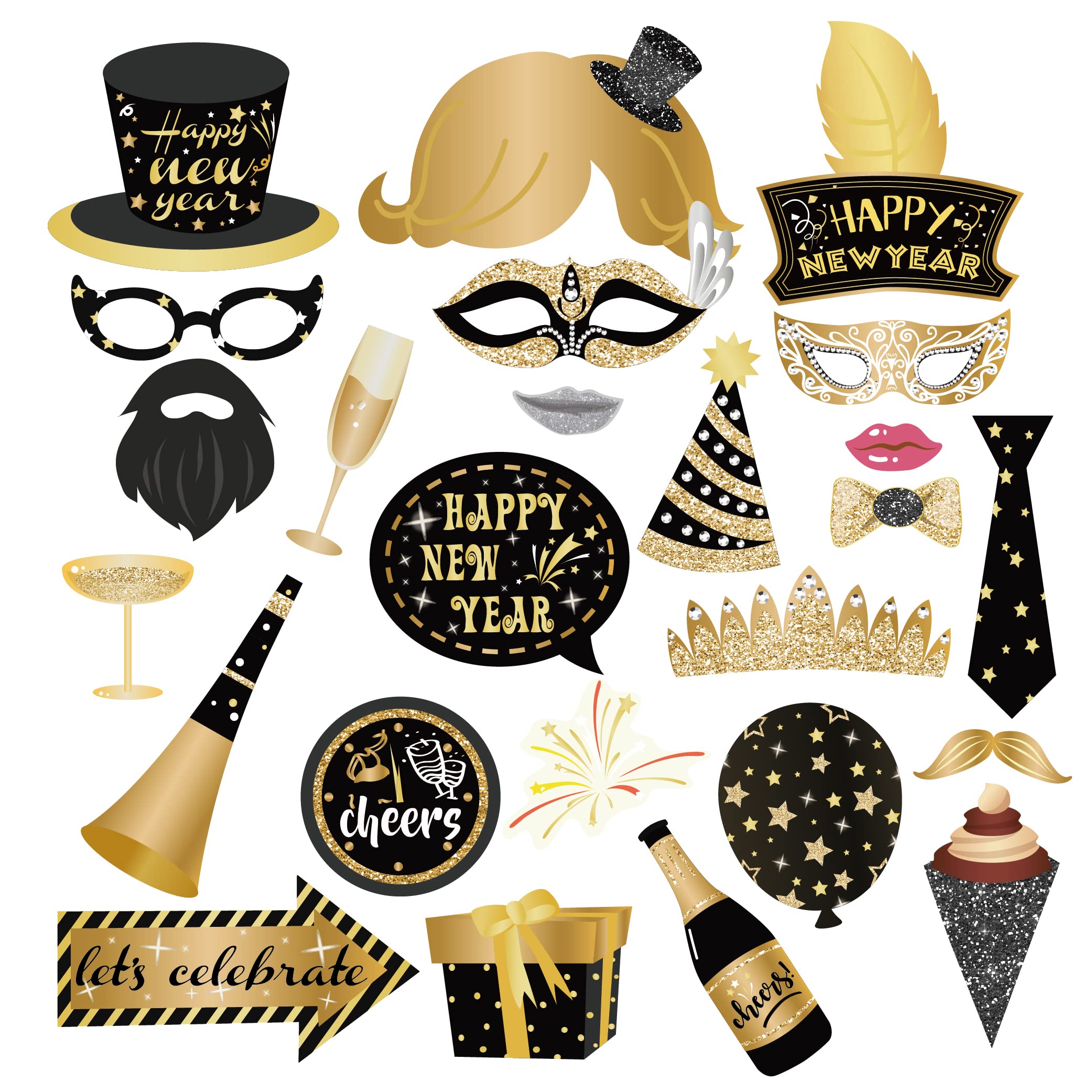 New Year 2023 Photo Booth Props with Sticks, Happy New Year Eve Photo Booth Props,Happy New Year 2023 Selfie Props,New Year Them