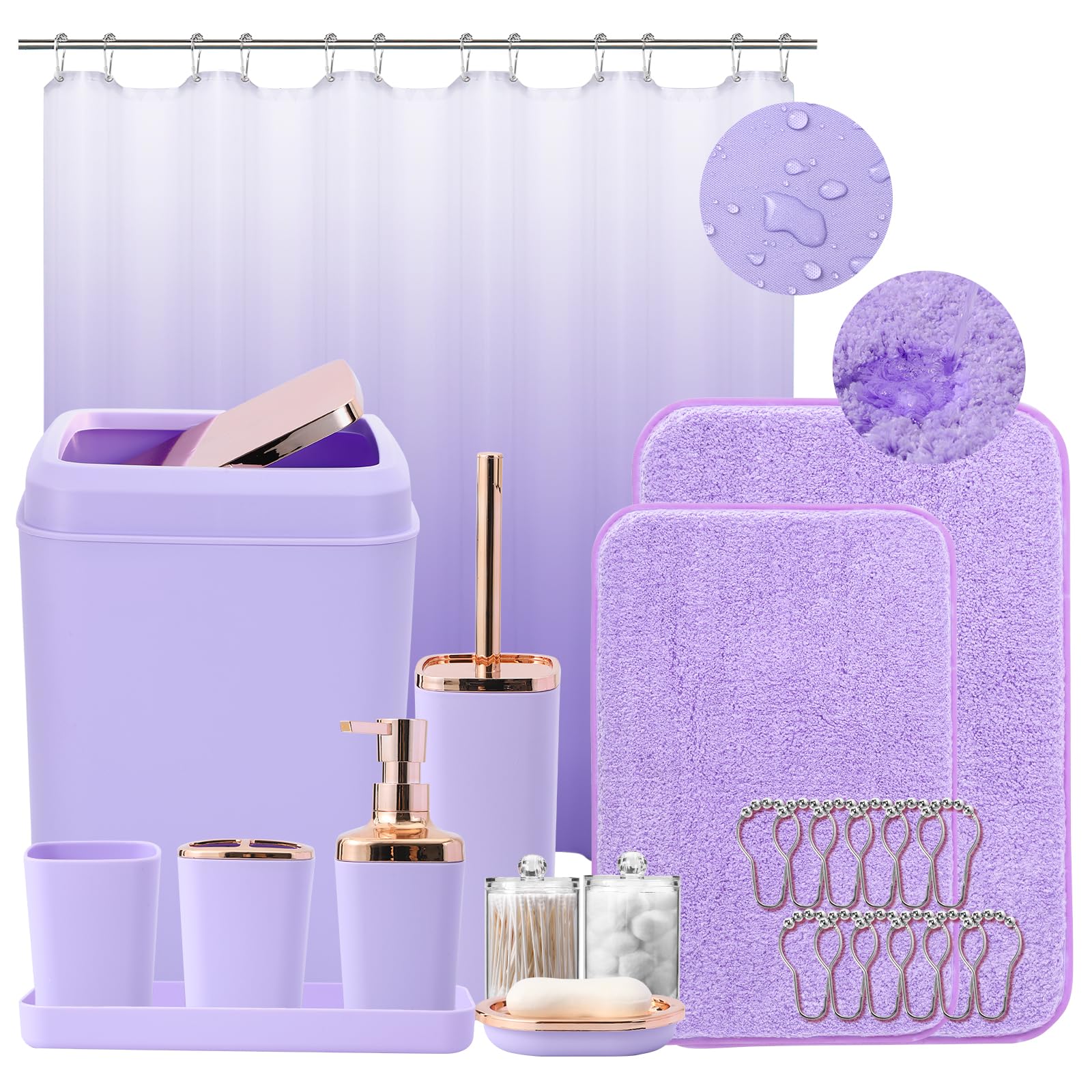 Bathroom Accessory Set-Bathroom Sets With Shower Curtain And Rugs, Non Slip Bathroom Rugs Super Absorbent, Light Purple Ombre Sh