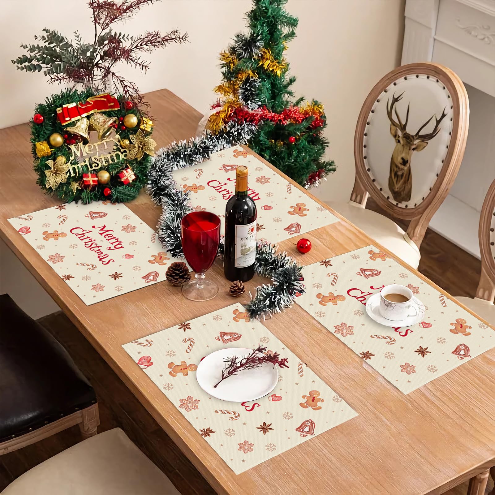 Bonhause Christmas Gingerbread Man Candy Placemats Set Of 4, 12X18 Inch Cute Gingerbread Man Kitchen Dinning Table Mats Washable