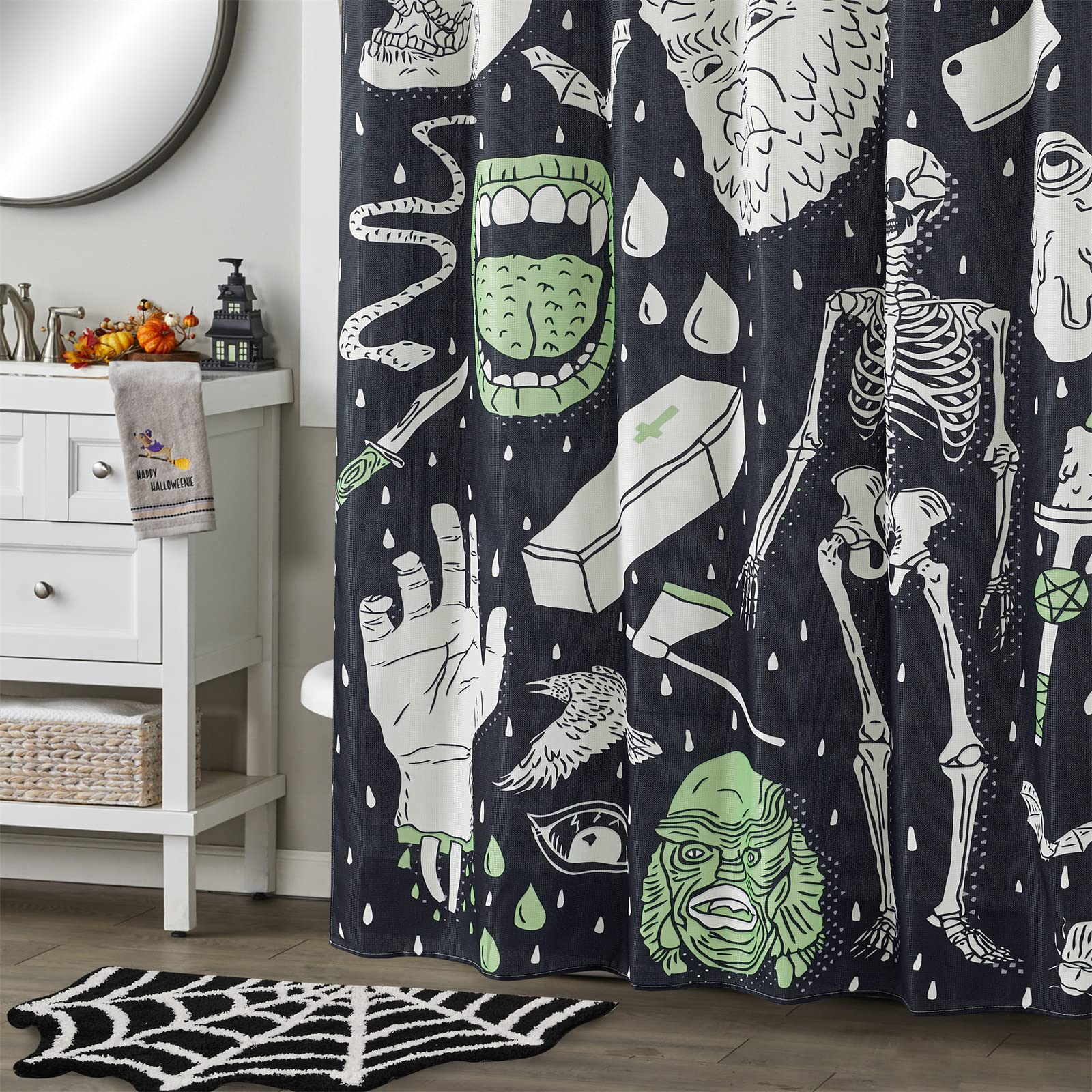 Estmy Vintage Halloween Shower Curtain Set Black, Heavy Duty Waffle Fabric, Creepy Gothic Skeleton Skulls Bats Fun Cute Hallowee