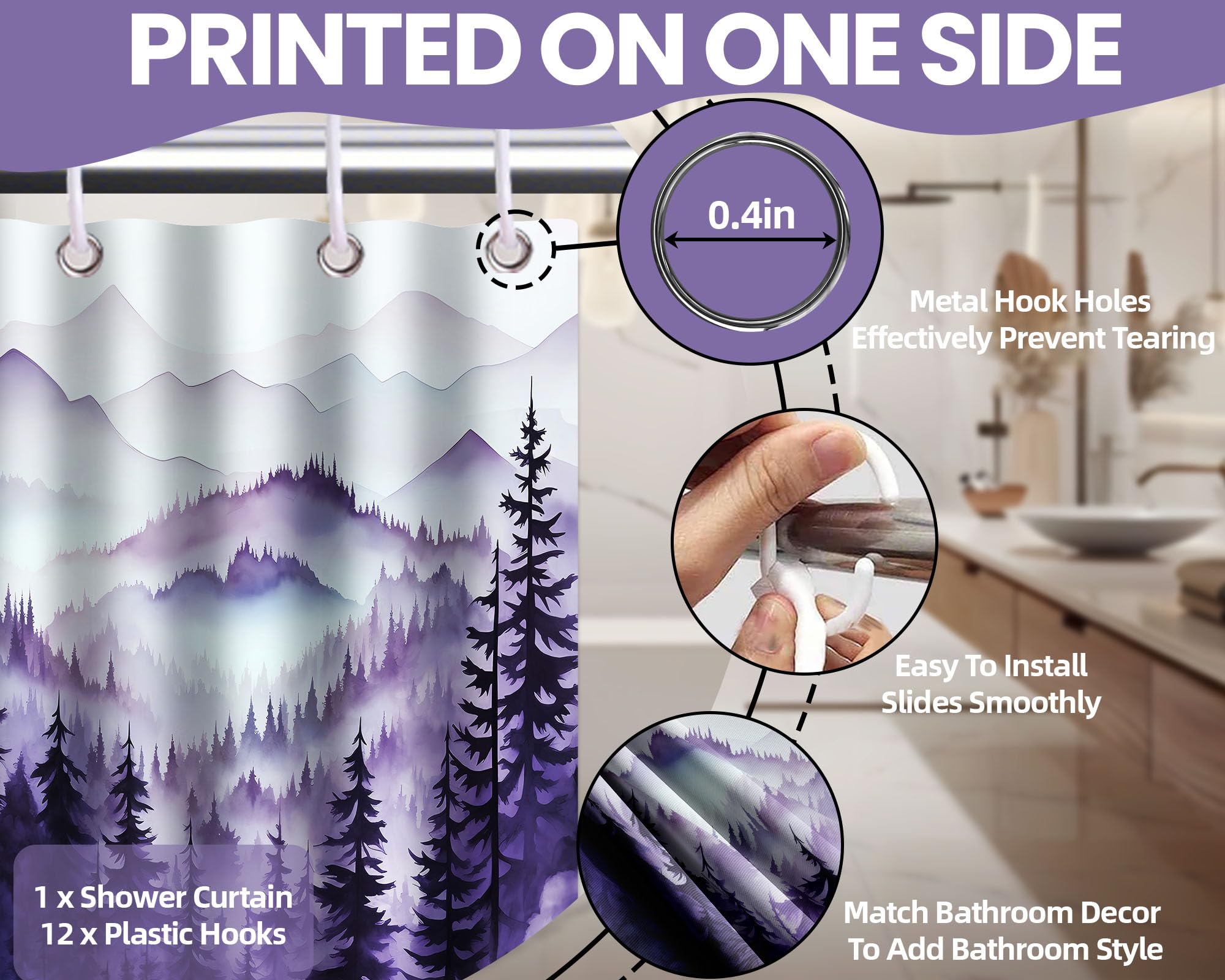 Qghot Mountain Shower Curtain Sets, Dark Purple Shower Curtains For Bathroom, Nature Woodland Forest Waterproof Pine Tree Bathro