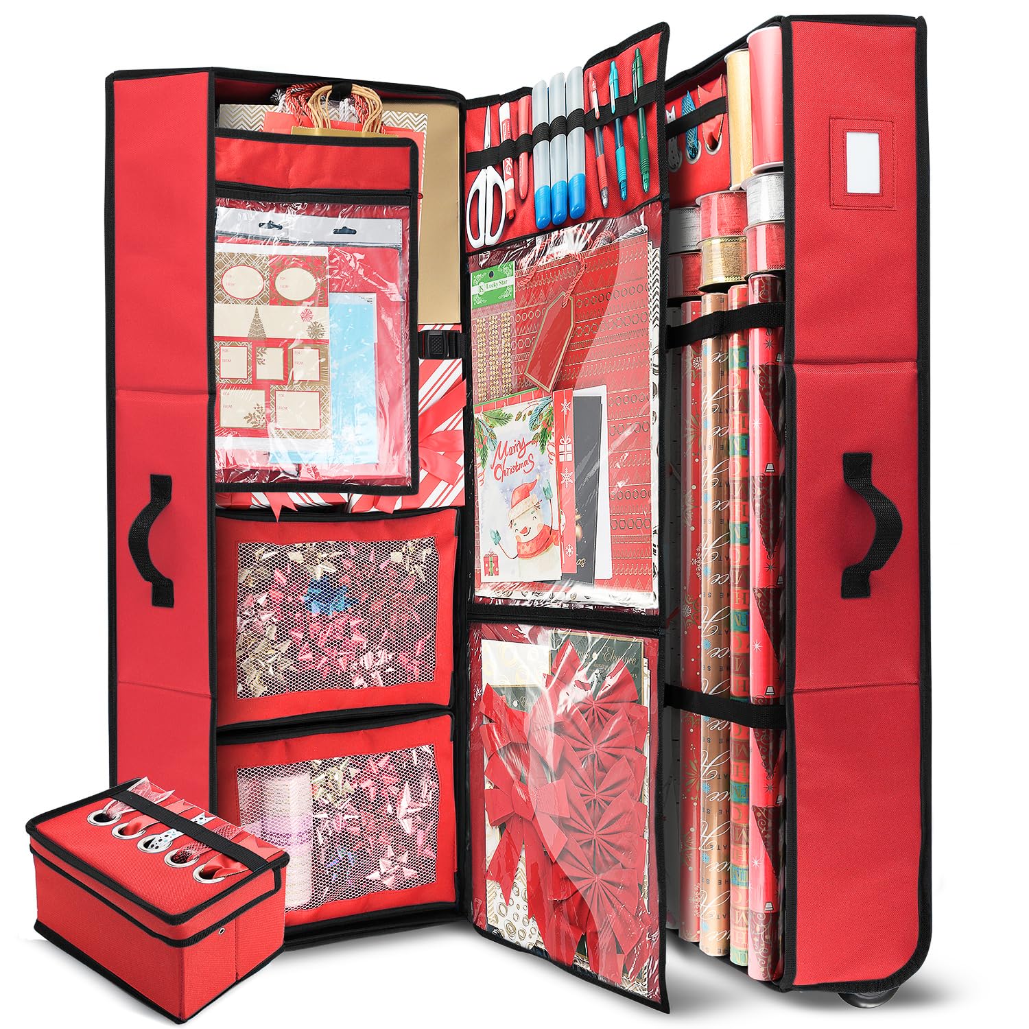 Hearth & Harbor Wrapping Paper Storage Container with Ribbon Dispenser and Interior Pockets - Large Christmas Storage Containers