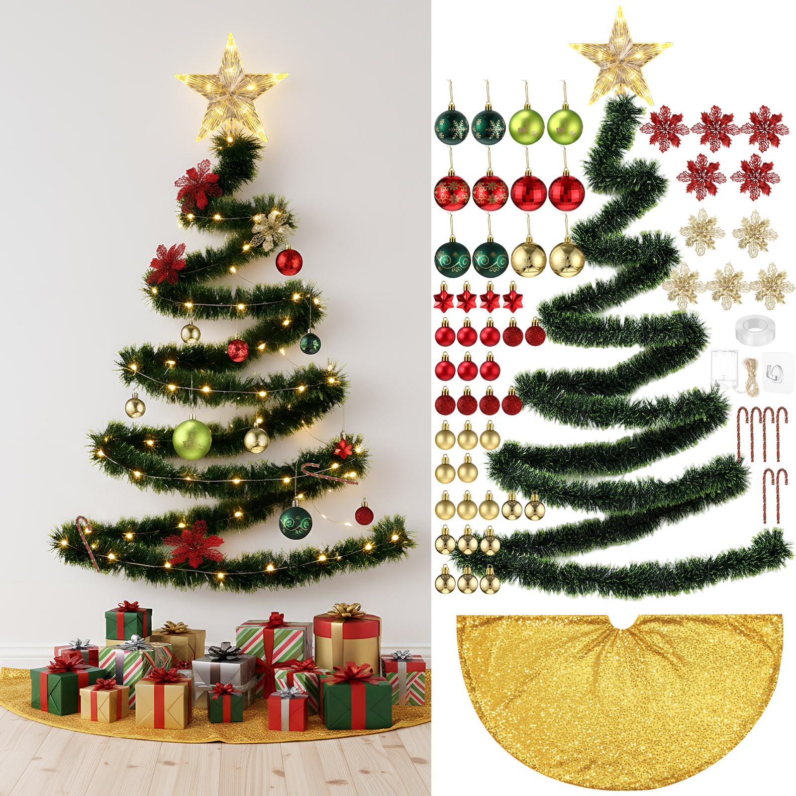 HyDren 91 Pcs DIY Wall Christmas Tree Kits, 66 Ft Xmas Garland Star Topper Tree Skirt Ball Ornaments String Lights Candy Cane Po