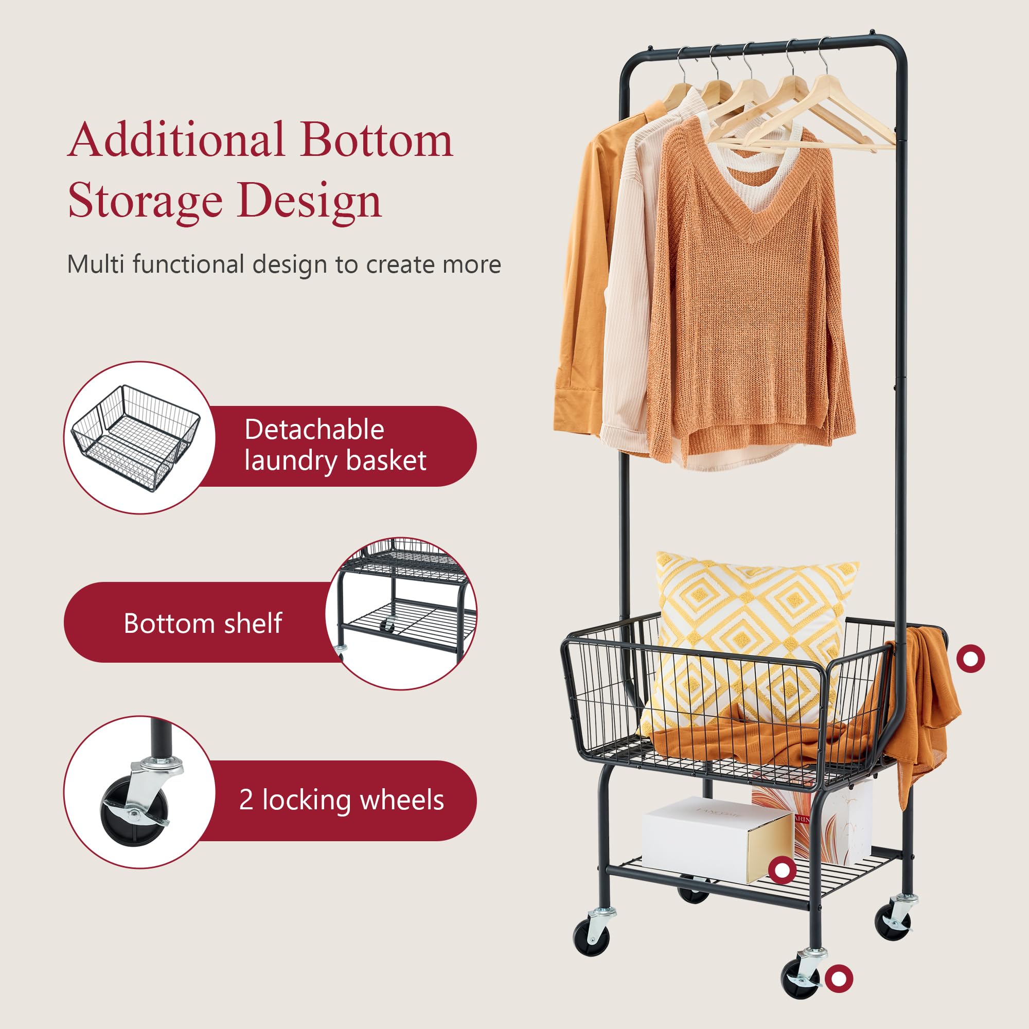 Tajsoon Laundry Cart With Hanging Rack, Metal Laundry Basket With Wheels, Laundry Hamper With Storage Basket And Shelf, Rolling
