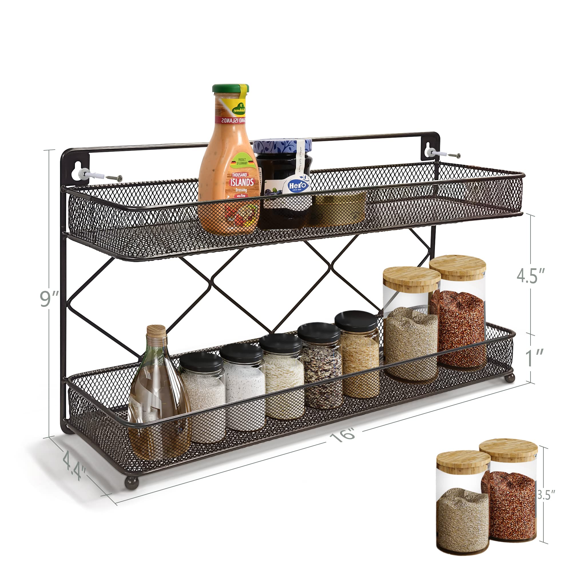 Megier 2 Tier Metal Kitchen Counter-top or Wall Mount Spice Rack, Jars Storage Organizer, Cabinet Holder, spice seasoning organi