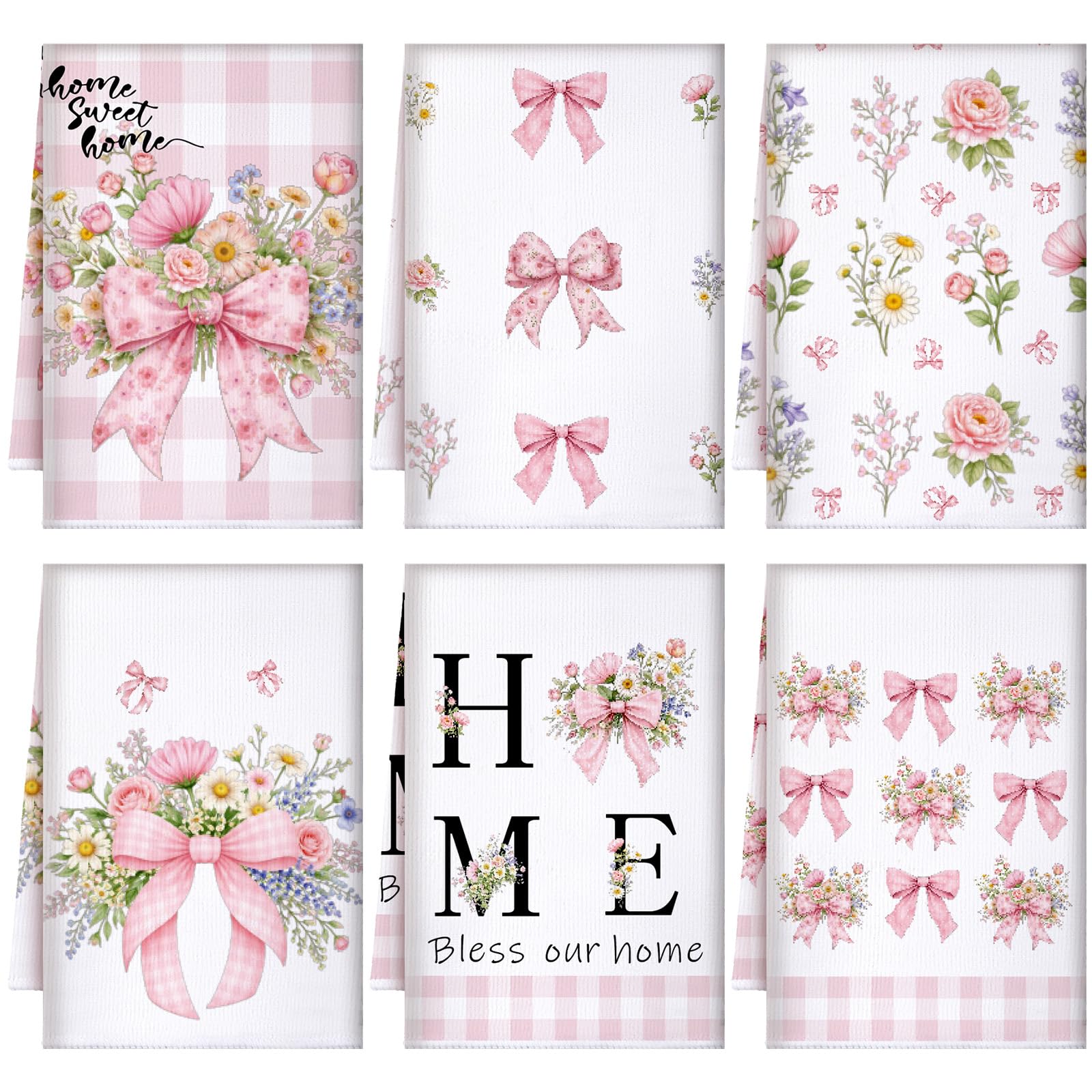 Bencailor 6 Pcs Pink Bow Kitchen Towels Bow Dish Hand Towels Flower Tea Washcloth for Spring Summer Home Kitchen Decor 24 x 16