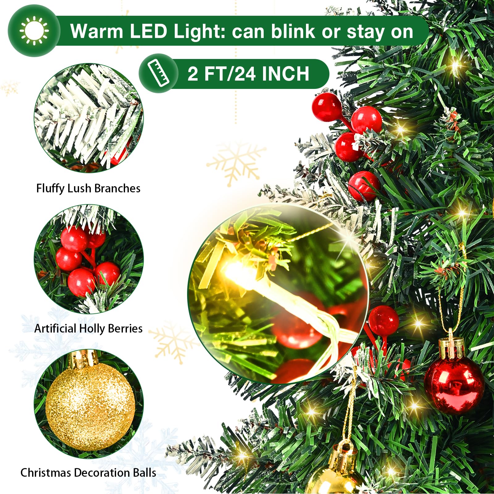 Mini Christmas Tree with Lights, 24 Inch Tabletop Christmas Tree with Berries Star Treetop Ornaments Balls Artificial Small XMS