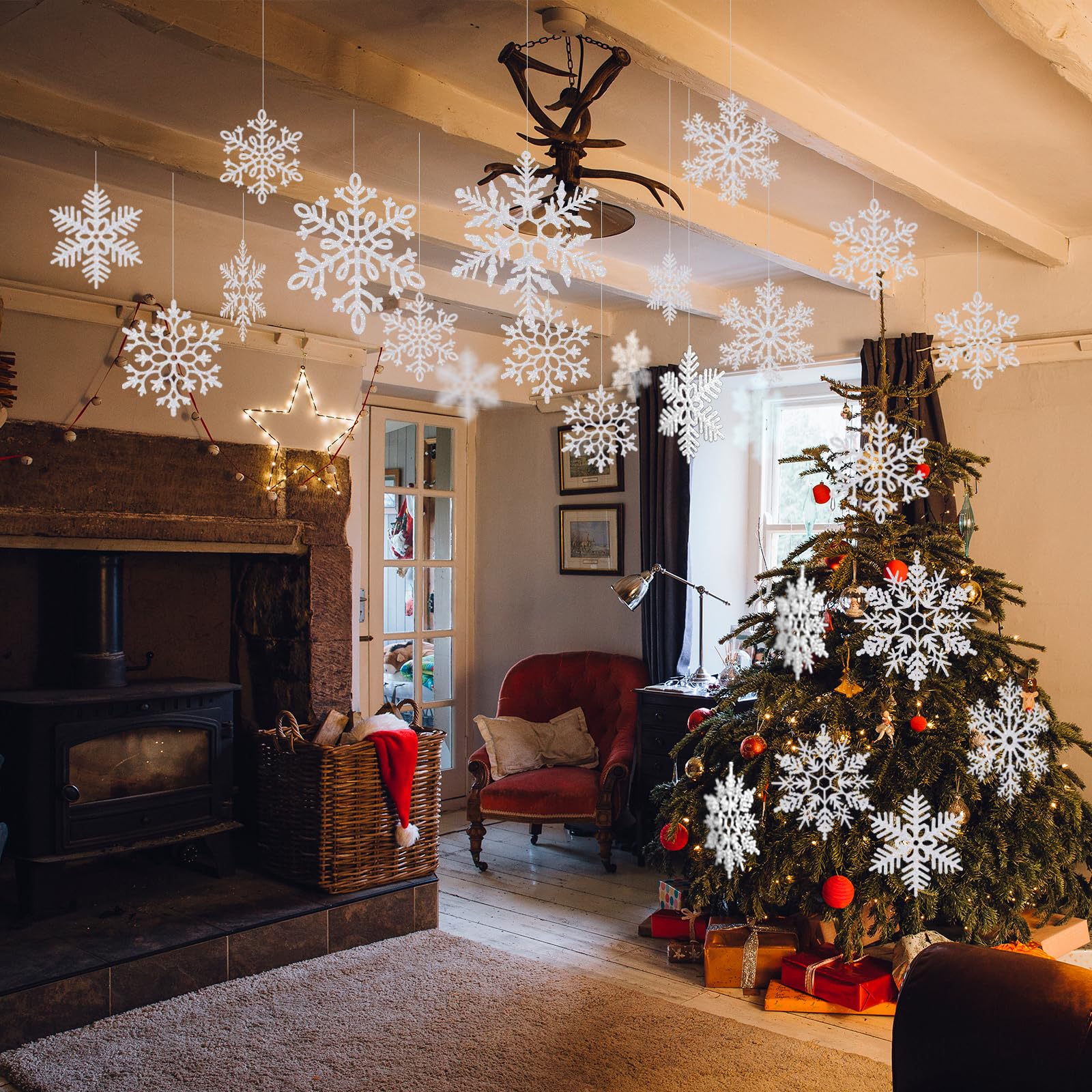 12 Pcs 15.8'' Large Snowflake Decorations - Giant Hanging Snowflakes, Plastic Snowflakes for Indoor & Outdoor Christmas Decor, P