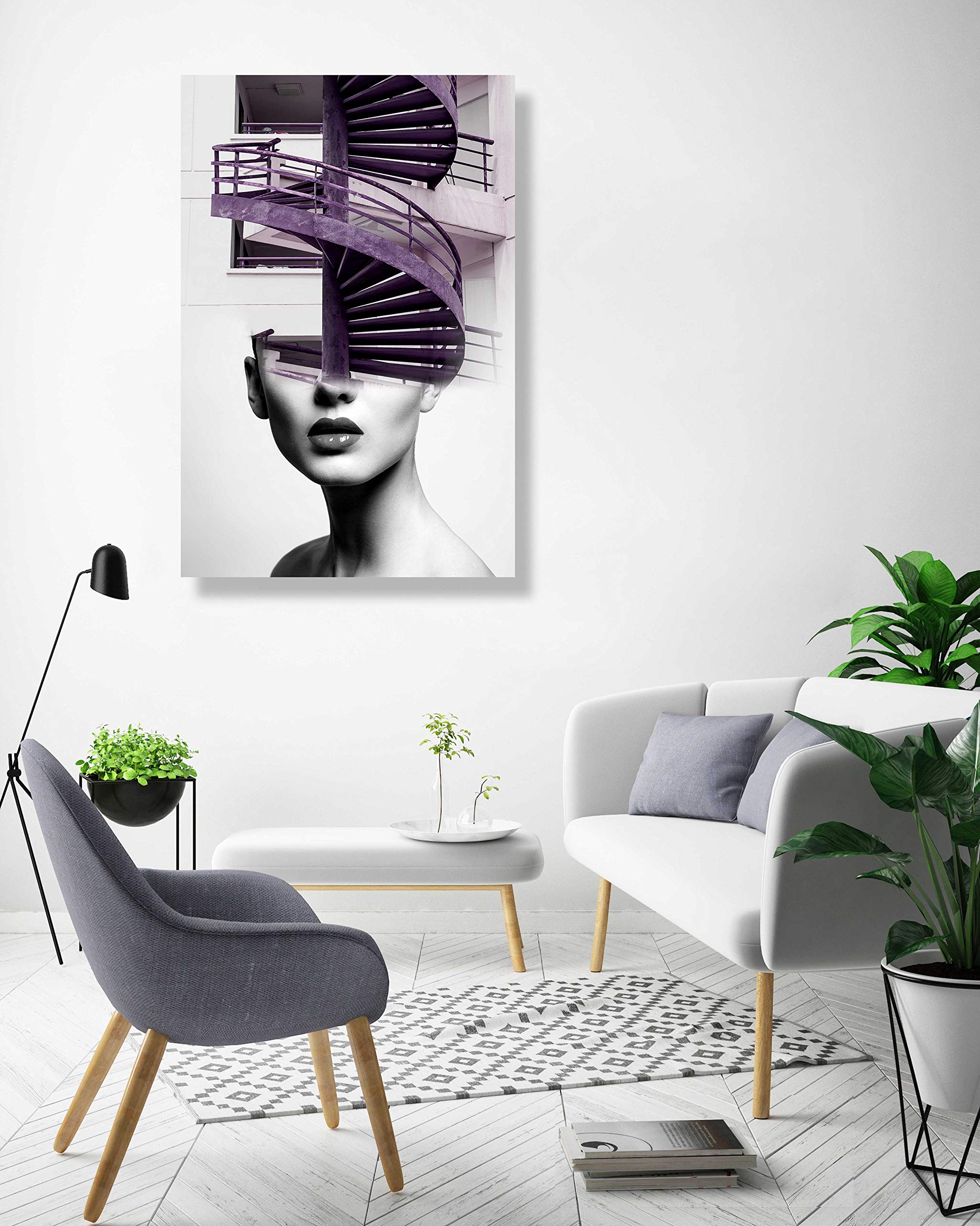 Looife Beauty Potrait With Abstract Stairs Pattern Canvas Wall Art, 12X16 Inch Body Art Giclee Prints Wall Decor For Living Room