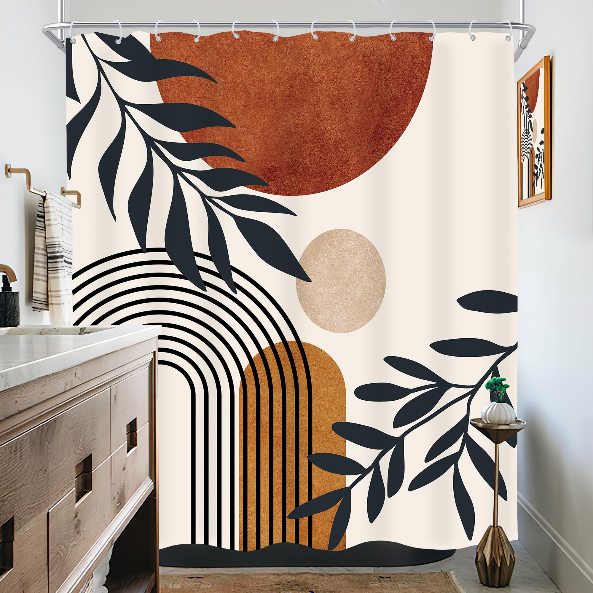 Komllex Boho Abstract Mid Century Shower Curtain Modern Aesthetic Leaves Neutral Minimalist Geometric Arch Brown Sun Plant Fabri