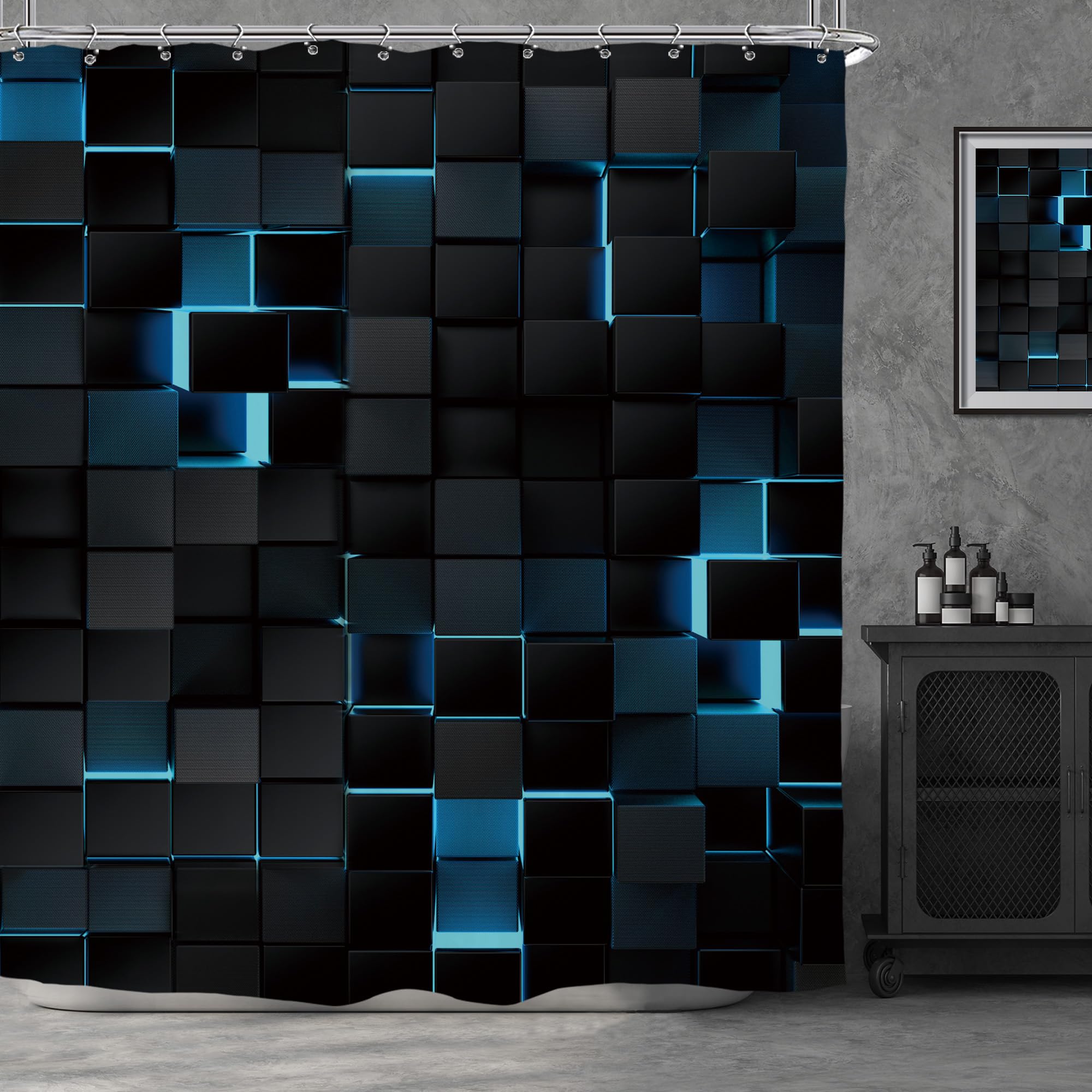 Riyidecor Black Navy Blue Wall Shower Curtain 72Wx72H Inch Abstract Brick Modern 3D Gradient Design Futuristic Cubes Geometric P