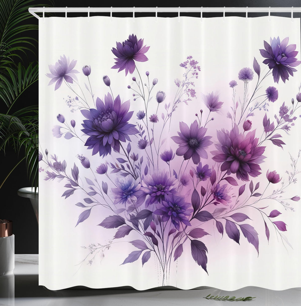 Ambesonne Purple Shower Curtain, Avant-Garde Blossoming Wild Flowers Bouquet In Monochromatic Tones Print, Cloth Fabric Bathroom