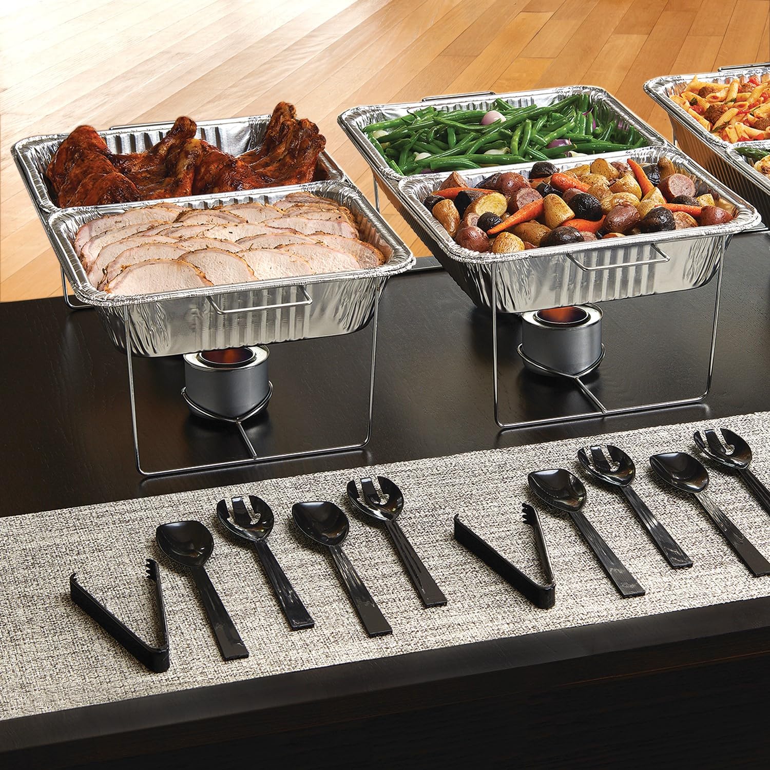 Party Essentials Plastic Party Buffet Serving Utensils Kit, Spoons/Forks/Tong, 40-Piece, Black
