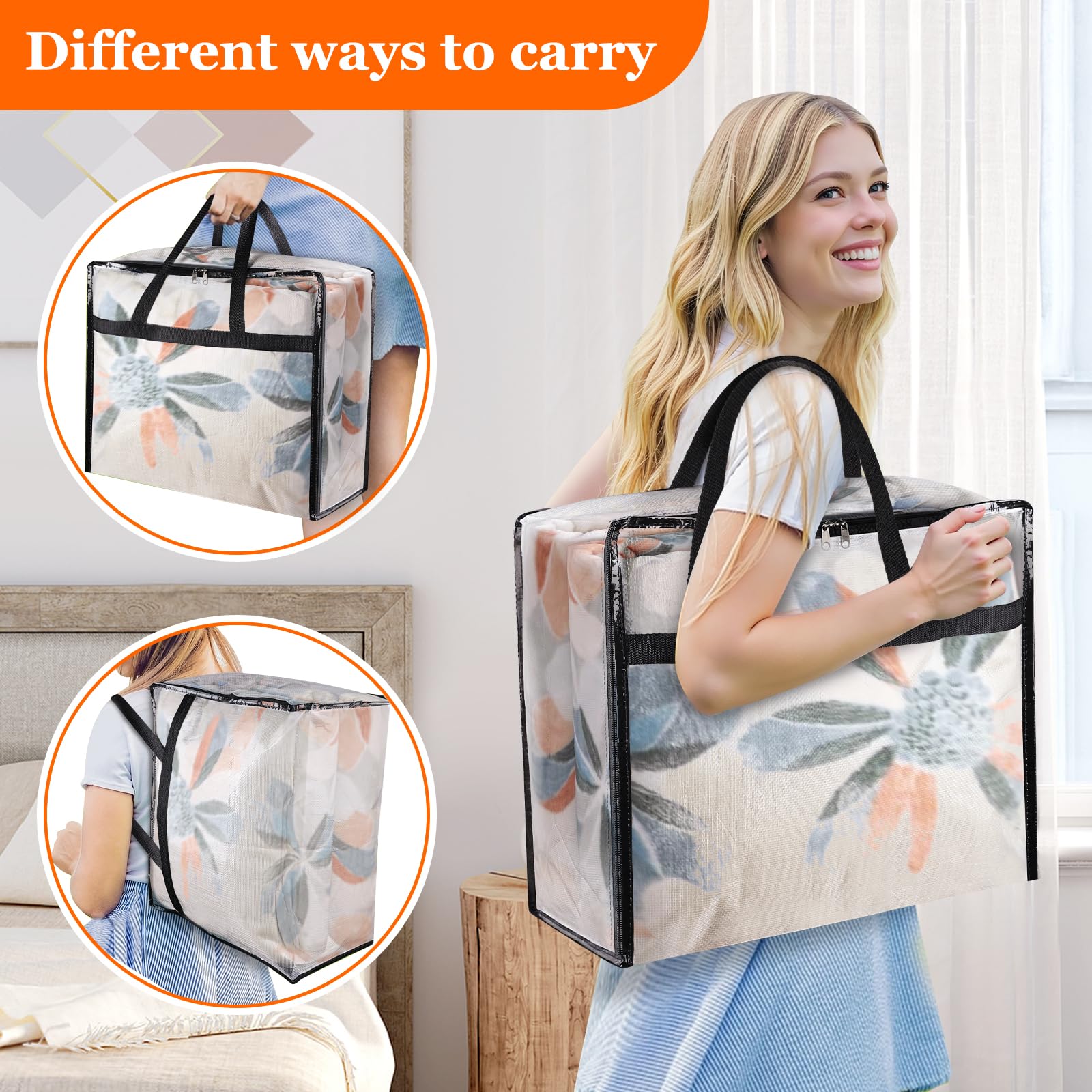 TasticTotes 4 Pack Clear Storage Bags for Comforter, Clothes & Bedding, Plastic Blanket Storage with Zipper and Handle, Moving B