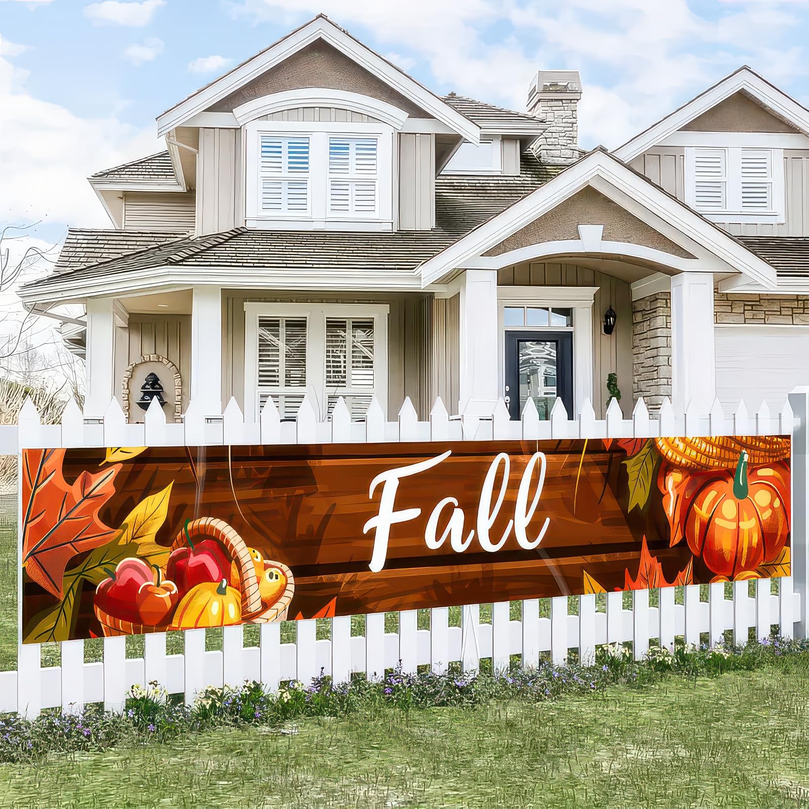 BlissYard Fall Banner 118 x 20 inchs Autumn Thanksgiving Outdoor Decoration Garden Fence Banner Fall Thanksgiving Leaves Pumpkin