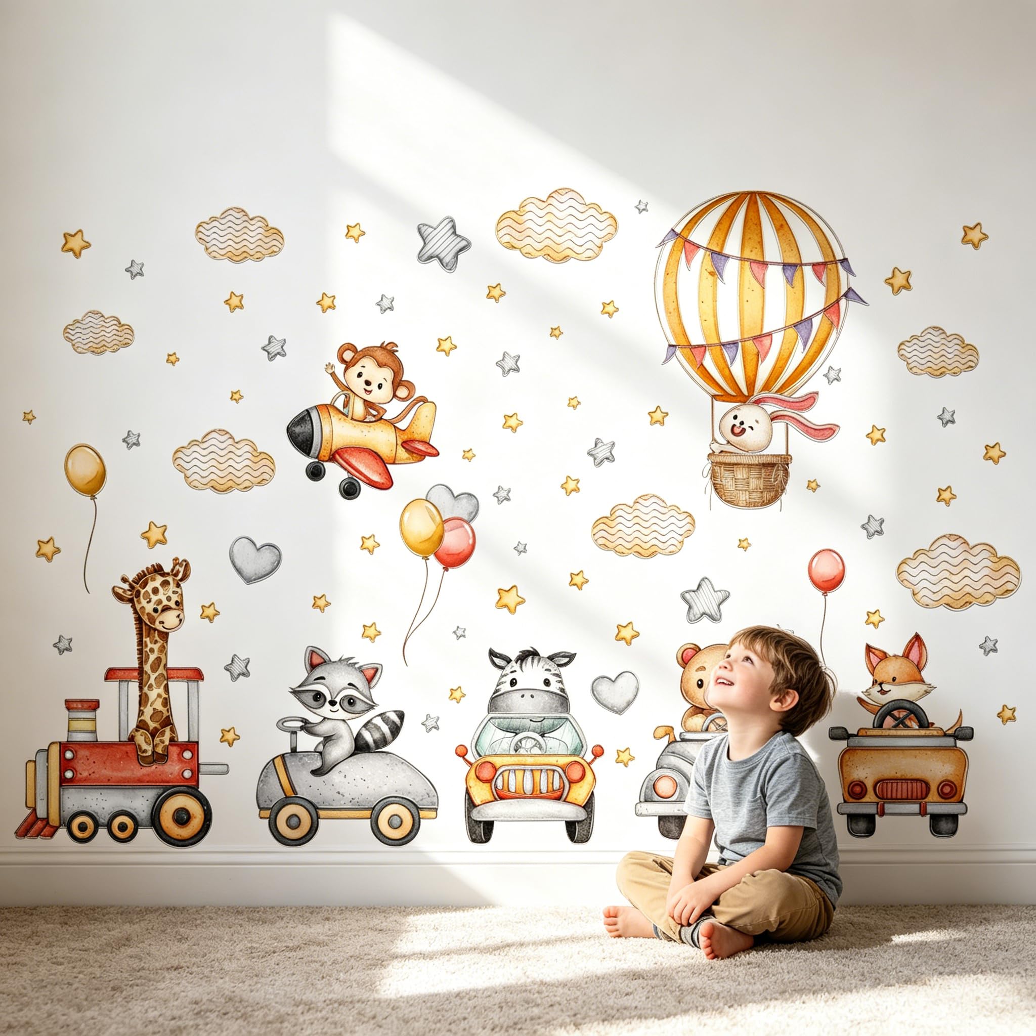 Watercolor Animal and Vehicle Adventure Wall Stickers Decor, Removable Peel and Stick Wallpaper with Cloud, Star and Balloon Acc
