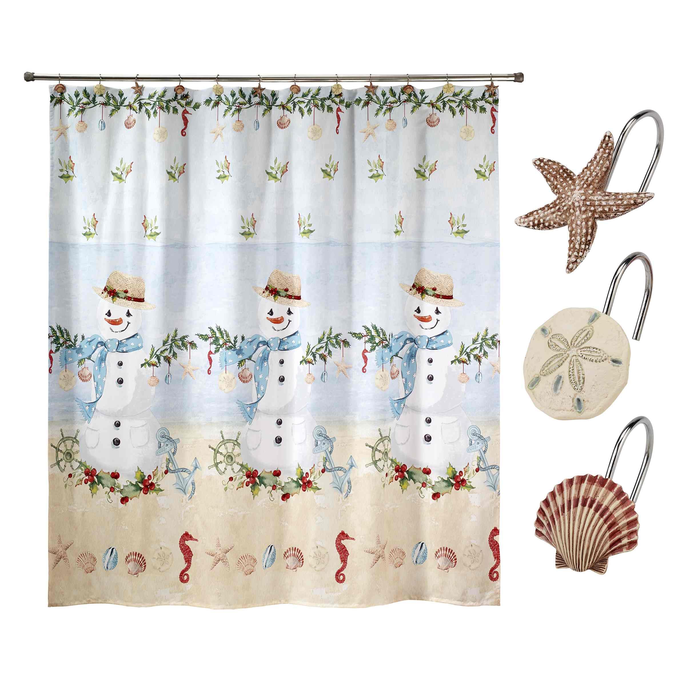 Avanti Linens - Shower Set, Fabric Shower Curtain & 12Pc Hooks, Christmas Decorations (Coastal Snowman Collection)