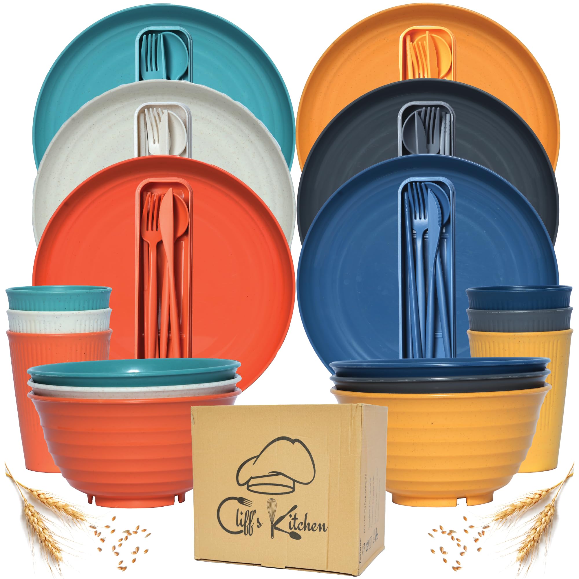 48 Pcs Wheat Straw Dinnerware Sets for 6- Unbreakable Dinnerware Set with Large Plates, Bowl and Cup Set -BPA Free, Lightweight,