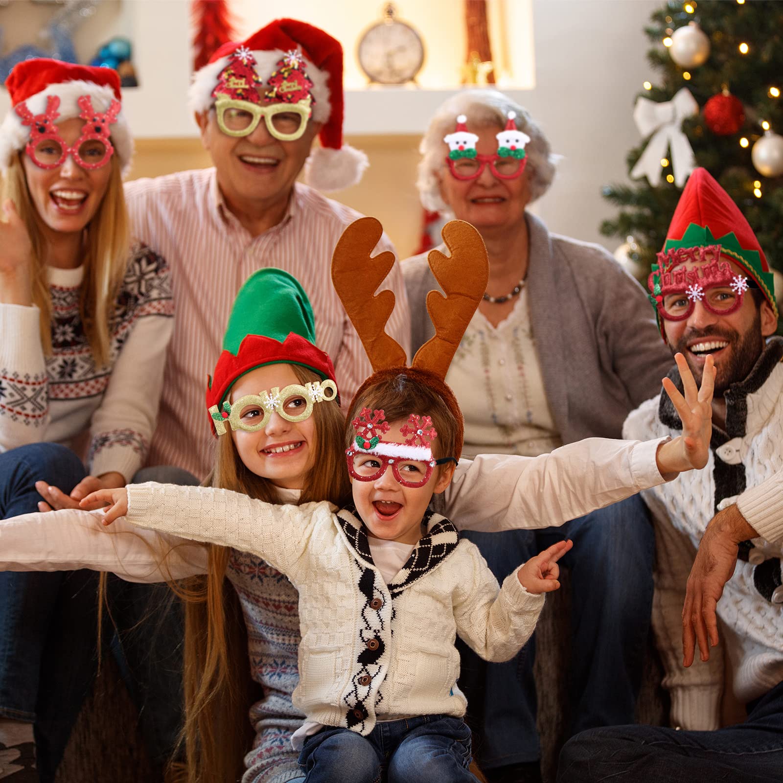 Threan 24 Pcs Christmas Glasses Frame Glitter Christmas Party Favor Novelty Holiday Eyewear Xmas Funny Photo Booth (Lovely Style