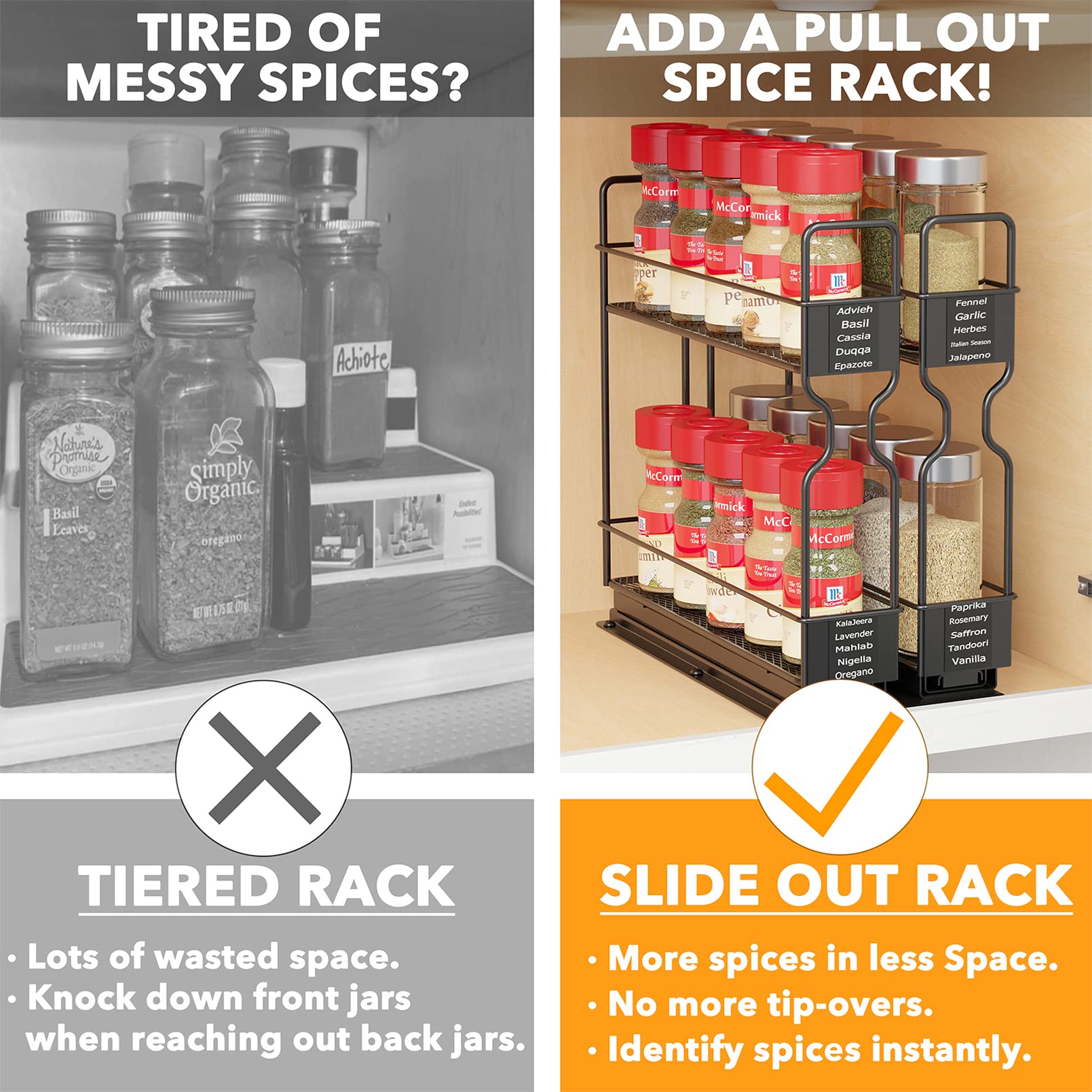 SpaceAid Pull Out Spice Rack Organizer, Heavy Duty Metal 2-Tier, 5.2"W x 10.75"D x 10"H, Black, Model hg-22x2-black