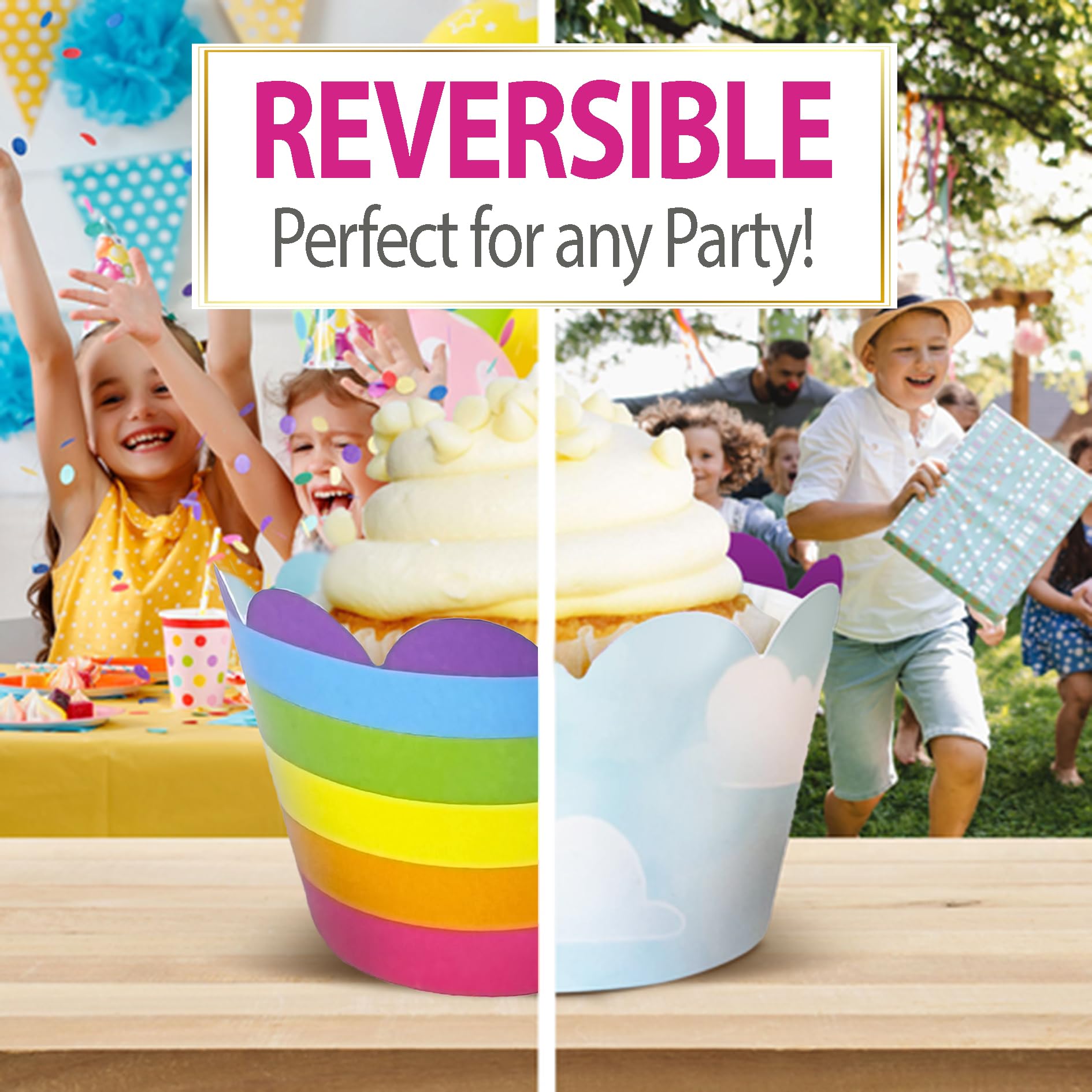 Rainbow Cupcake Wrappers - Happy Cloud & Colorful Stripe Design, Reversible And Adjustable Party Decorations, Princess Birthday,