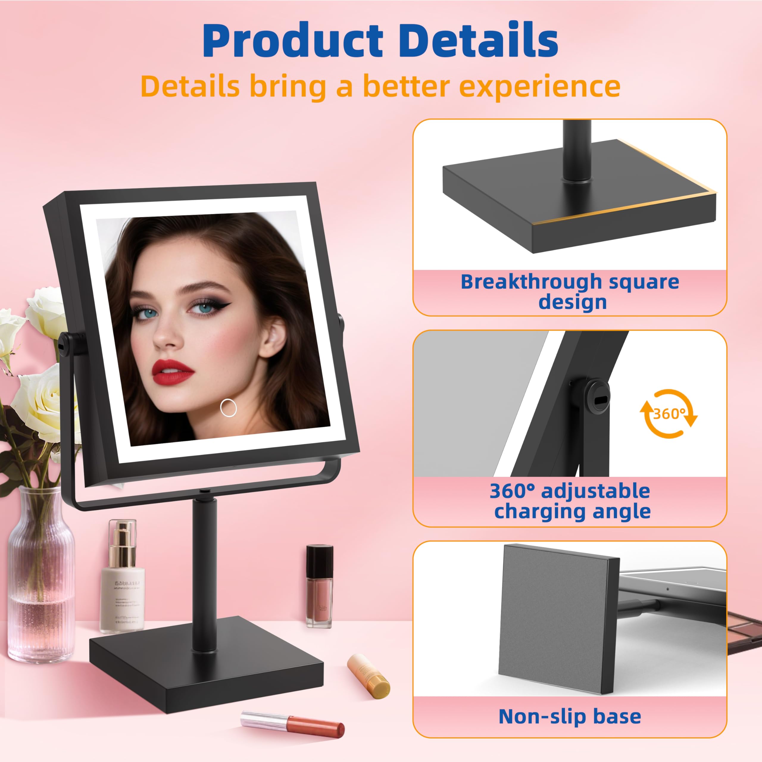 Ruacq Vanity Mirror With Lights, Height & Brightness Adjustable, Rechargeable 4000Mah Lighted Makeup Mirror With Magnification 1