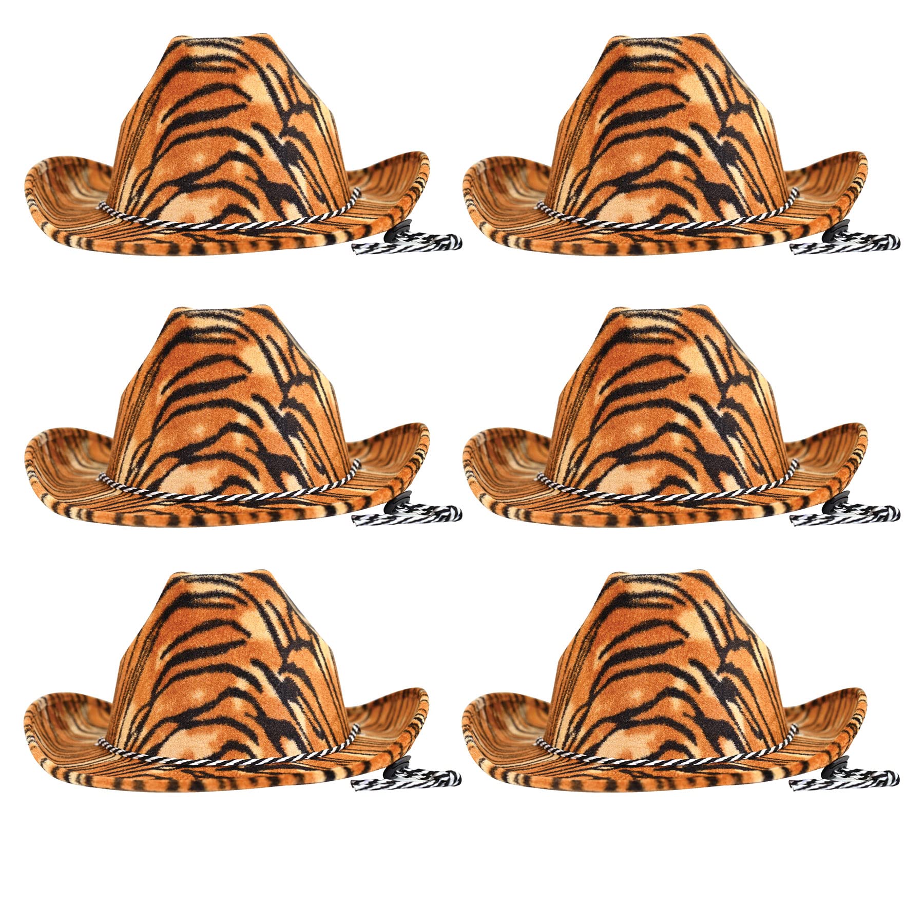 Beistle Tiger Print Cowboy Hats, 6 Pieces - One Size Fits Most, Adjustable Chin Strap, Safari Party Supplies, Halloween Costume