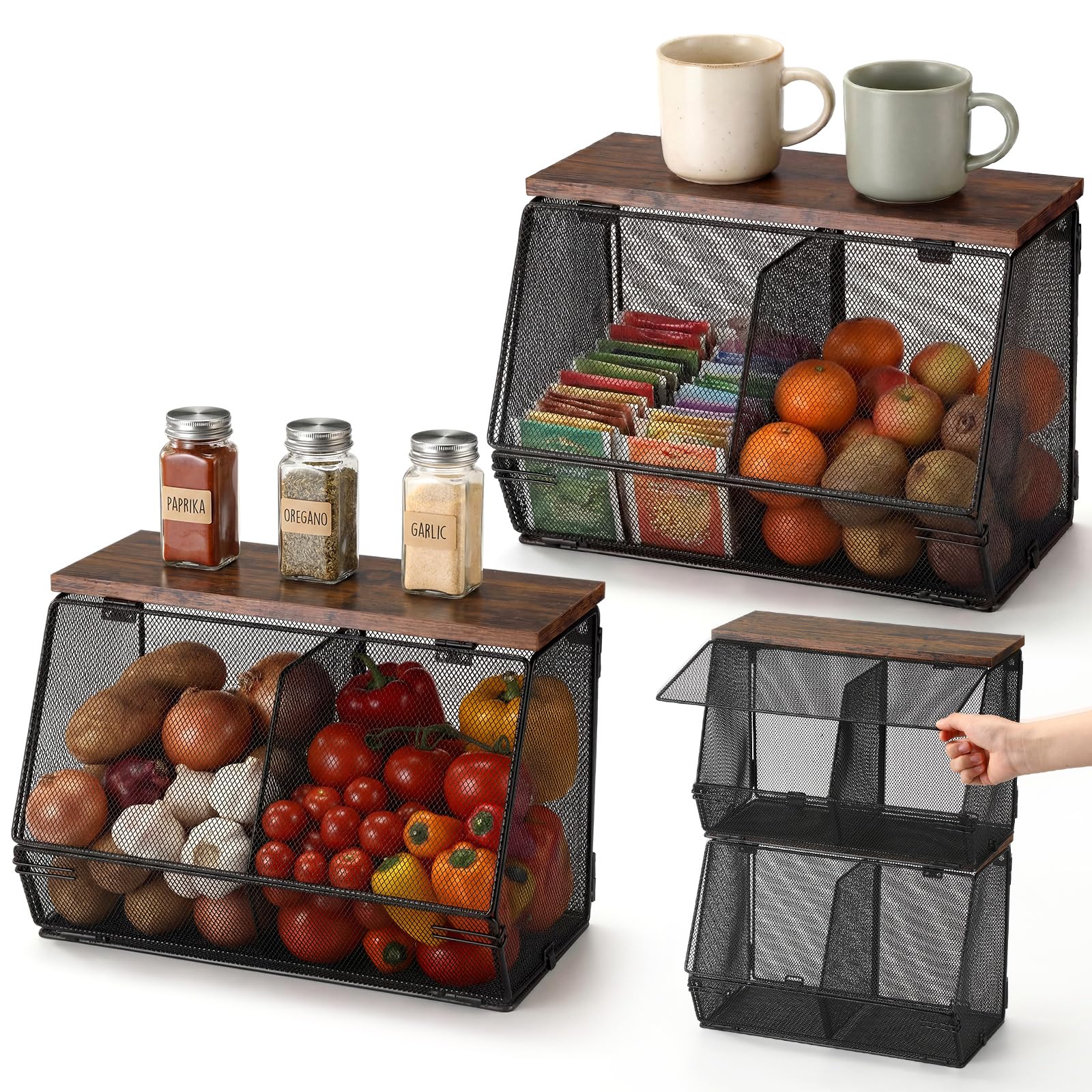 Teenyyou 2 Pcs Fruit Basket with Lid, Divided, Black, 8.3w & 13.8L