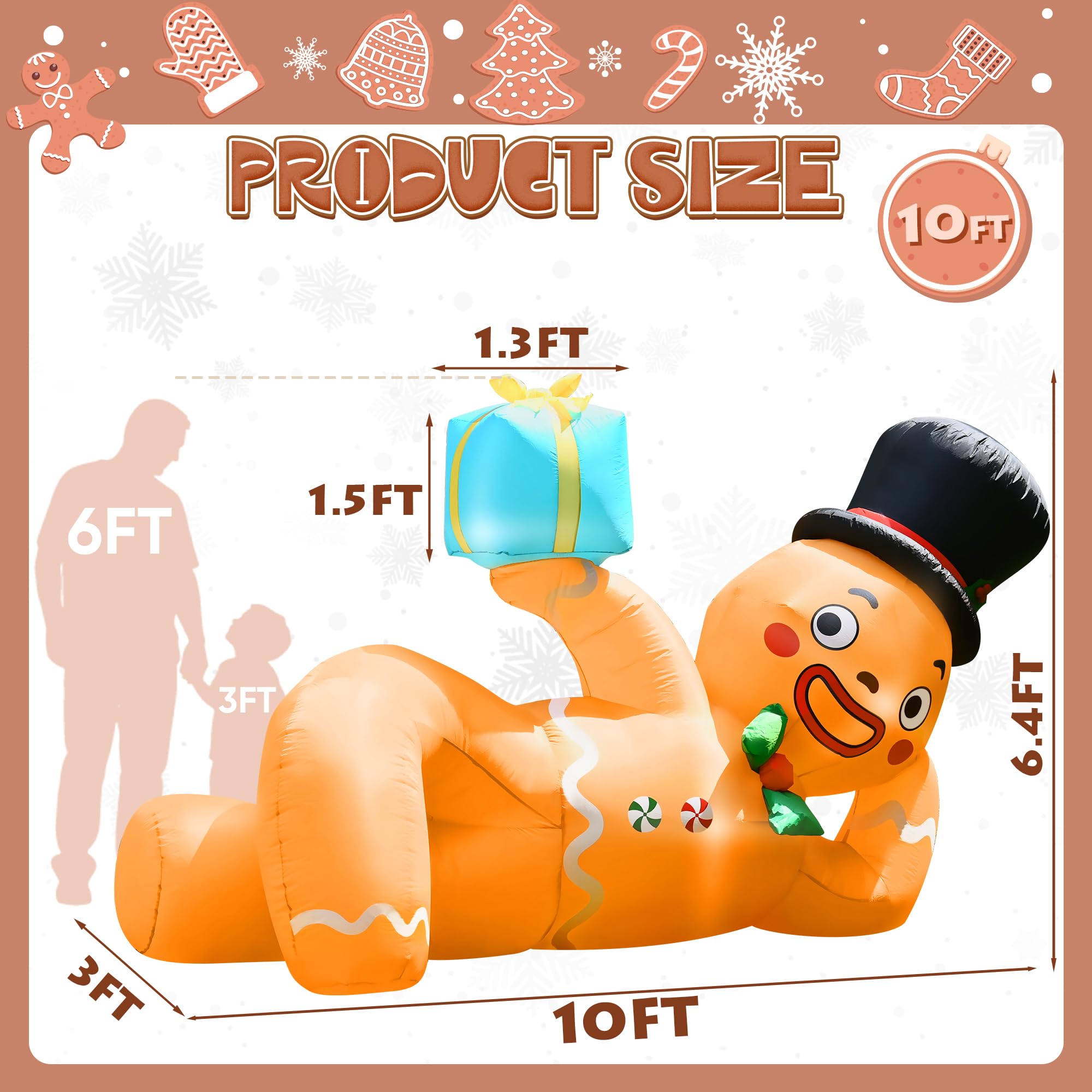 CORALMEE 10 FT Christmas Inflatables Gingerbread Man, Christmas Blow Up Yard Decorations with Built-in LEDs, Lying Gingerbread I
