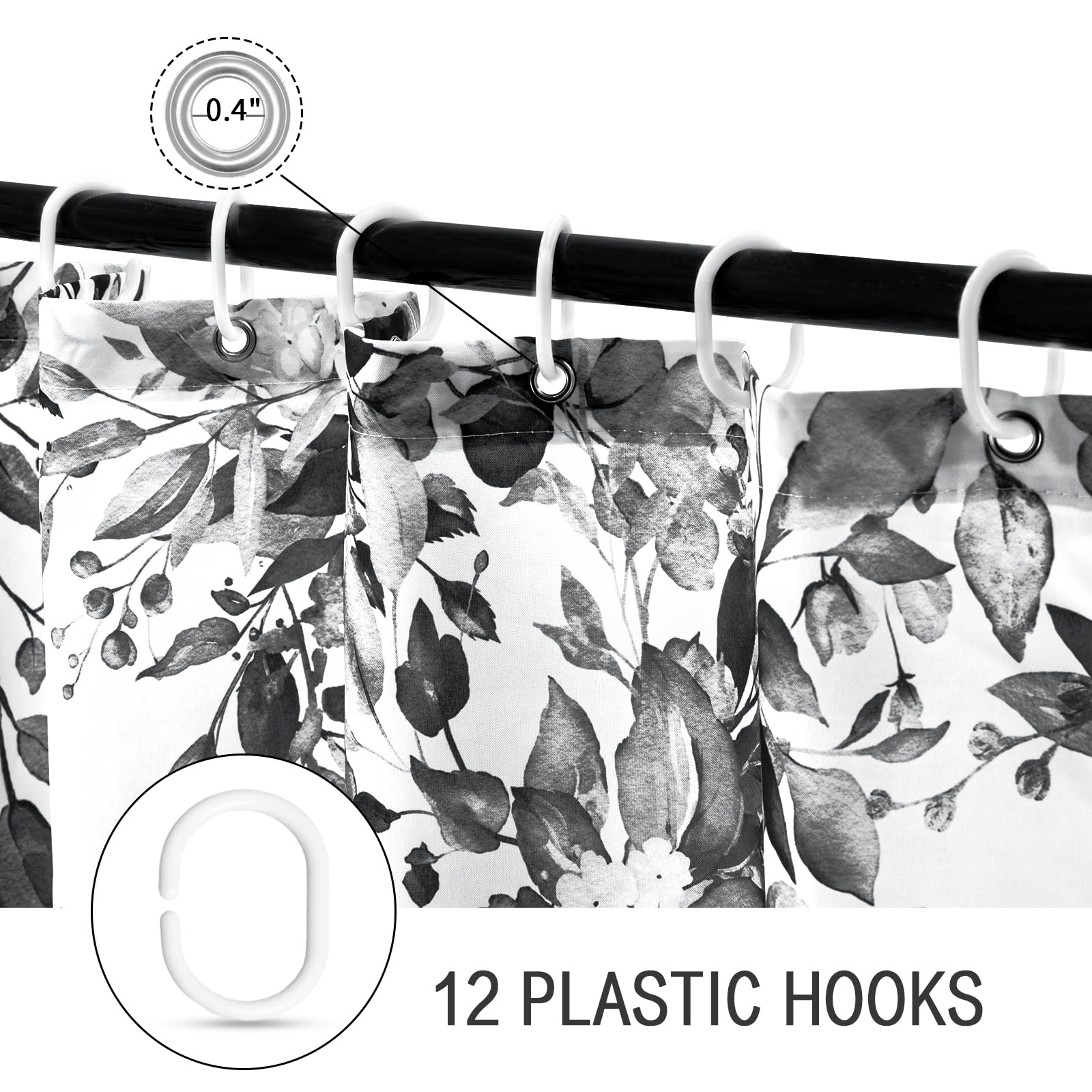 Gibelle Black And White Eucalyptus Shower Curtain, Grey Watercolor Plant Leaves With Floral Bathroom Shower Curtain Set With Hoo