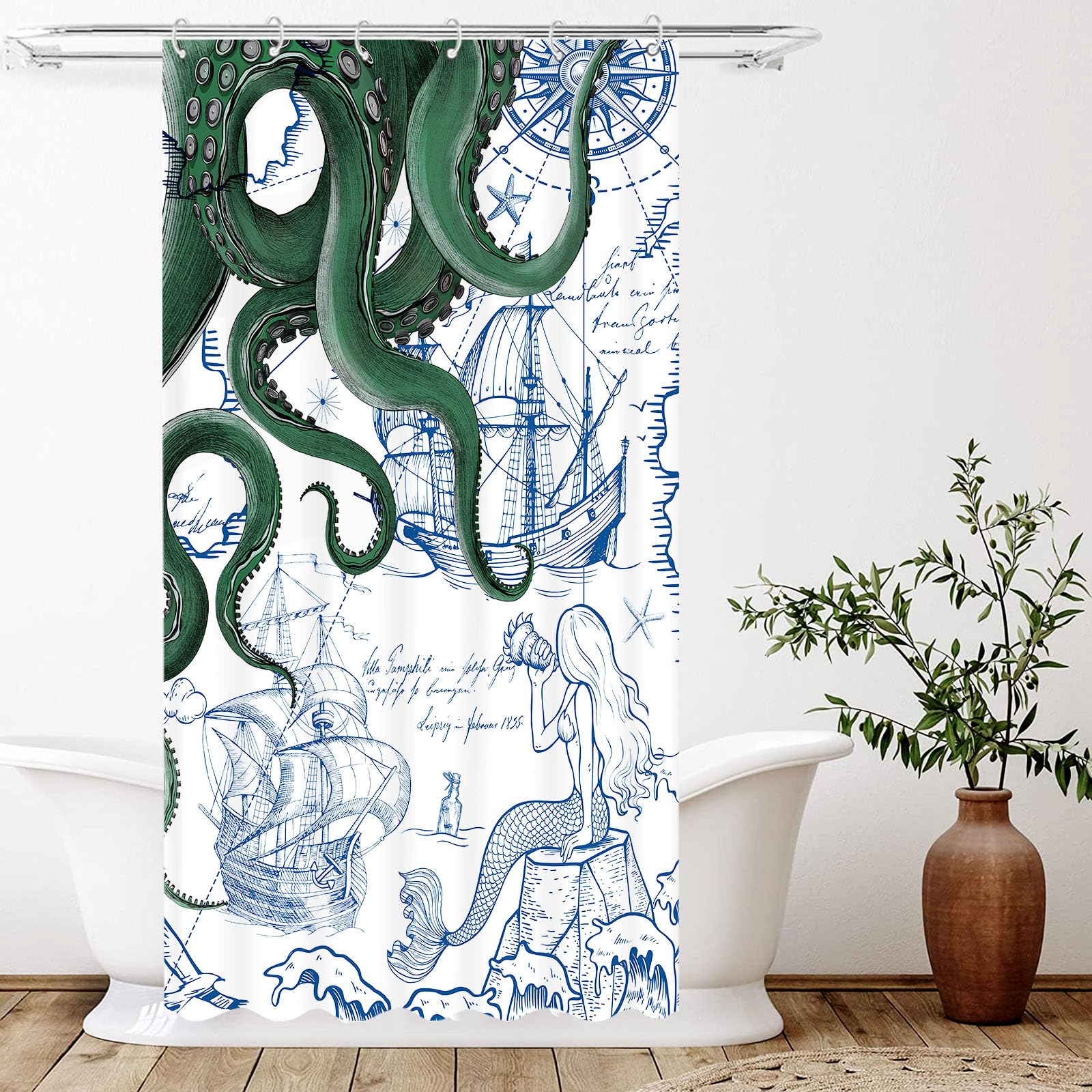 Fungarth Stall Green Nautical Octopus Shower Curtain Navy Blue Mermaid Funny Ocean Kraken Shower Curtains For Bathroom Cool Anch