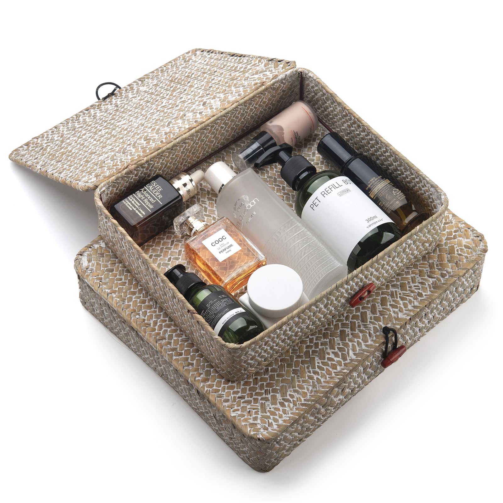 Whitewash Seagrass Basket with Lid Rectangular Decorative Storage Boxes for Shelf Organize Snack Toys Set of 2 (Large+Small)