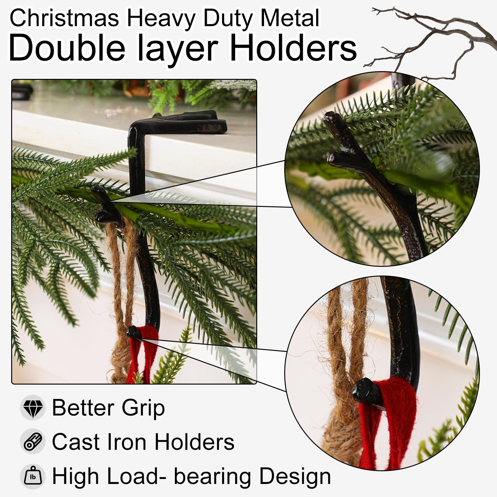 Vicenpal 6 Pcs Fireplace Stocking Garland Hanger for Mantel 2 in 1 Christmas Stocking Holder Two Hooks Durable Wrought Iron Meta