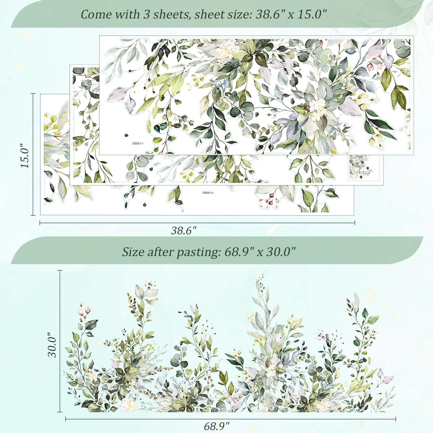 Vepret Green Plants Leaves Wall Decals Peel And Stick, Large Floral Flowers Wall Stickers, Removable Vine Home Decor Art For Bed