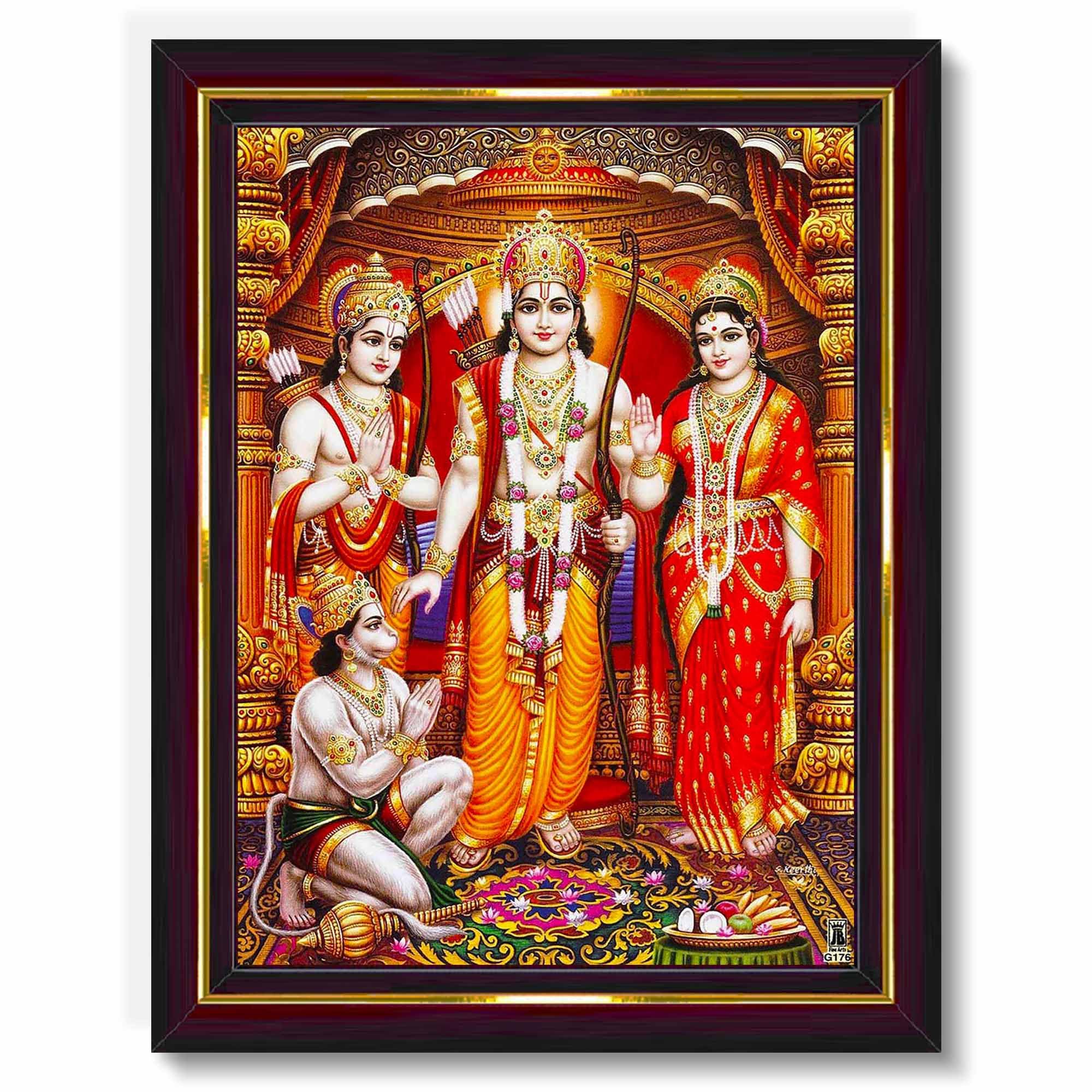 Pavan Photo Laminations Ram Darbar Lord Shri Rama Sita Parivar Family Wall Painting Framed Home Decor (Wood,Matte,Brown,Big Size