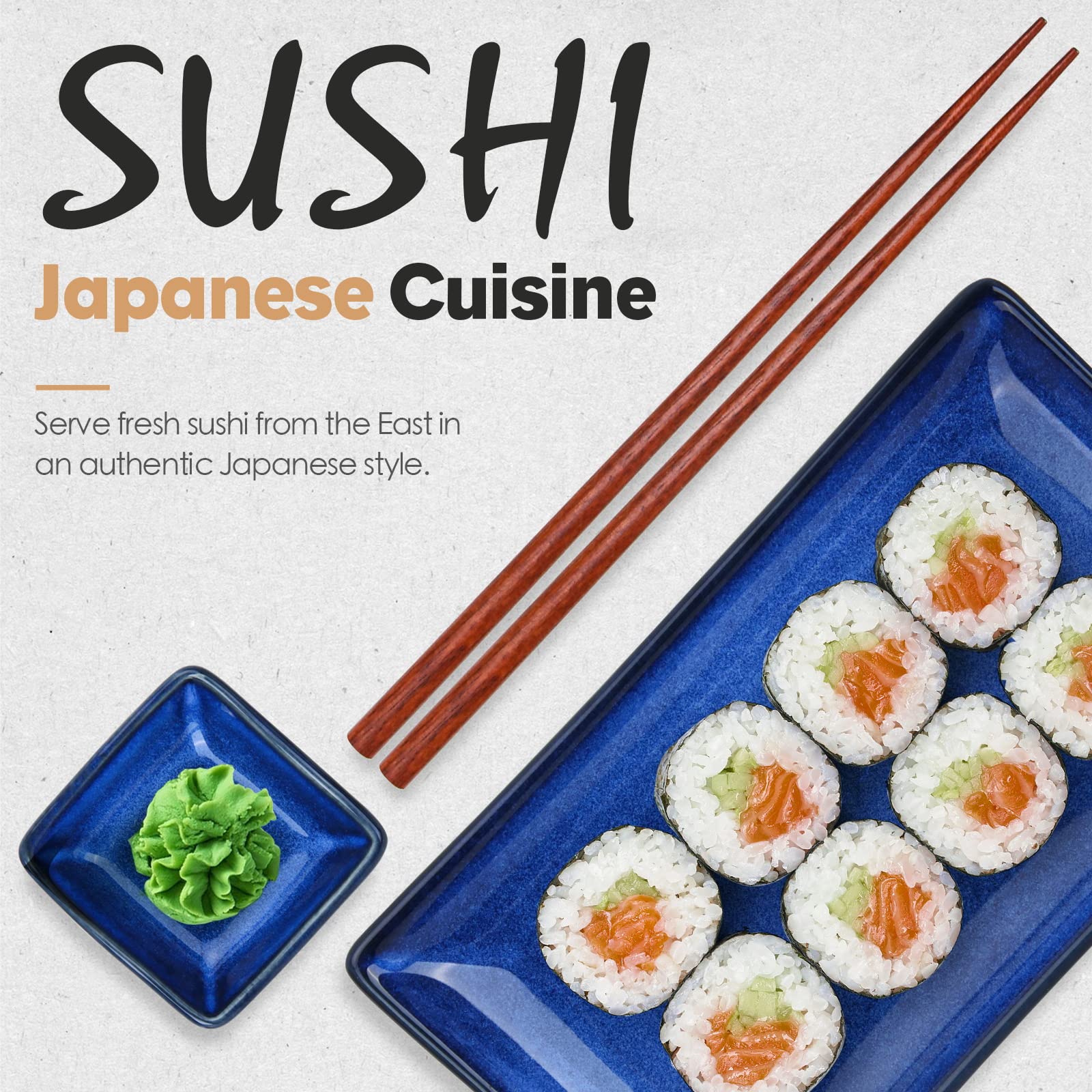 Uniidea Ceramic Sushi Serving Tray Sets 2, 6 Pieces Japanese Style Porcelain Sushi Plate Set With Soy Sauce Dishes, Bamboo Chops