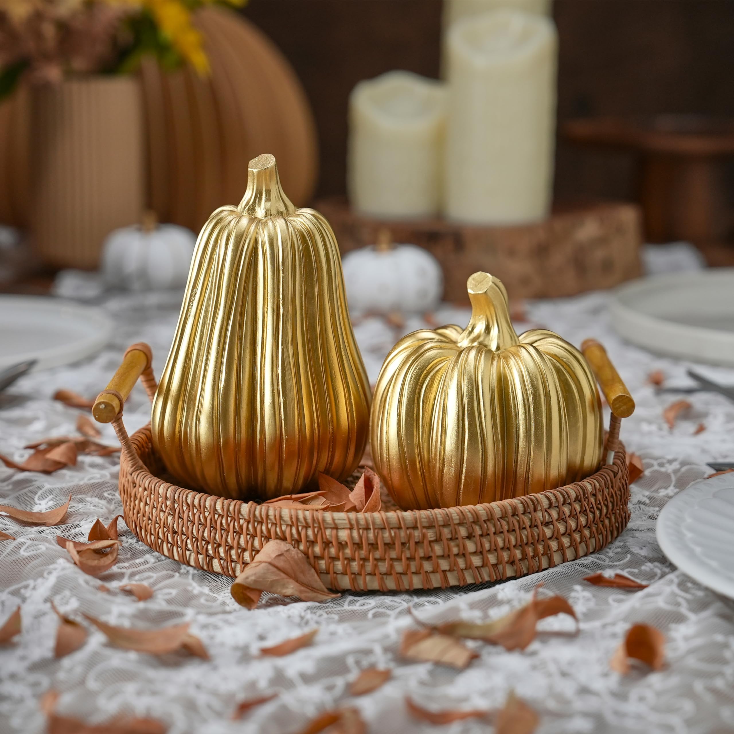 FESTGLOX Gold Pumpkin Decor with Stripes, 2Pcs Resin Pumpkins for Decorating, Decorative Pumpkins for Fall Tabletop Decoration,