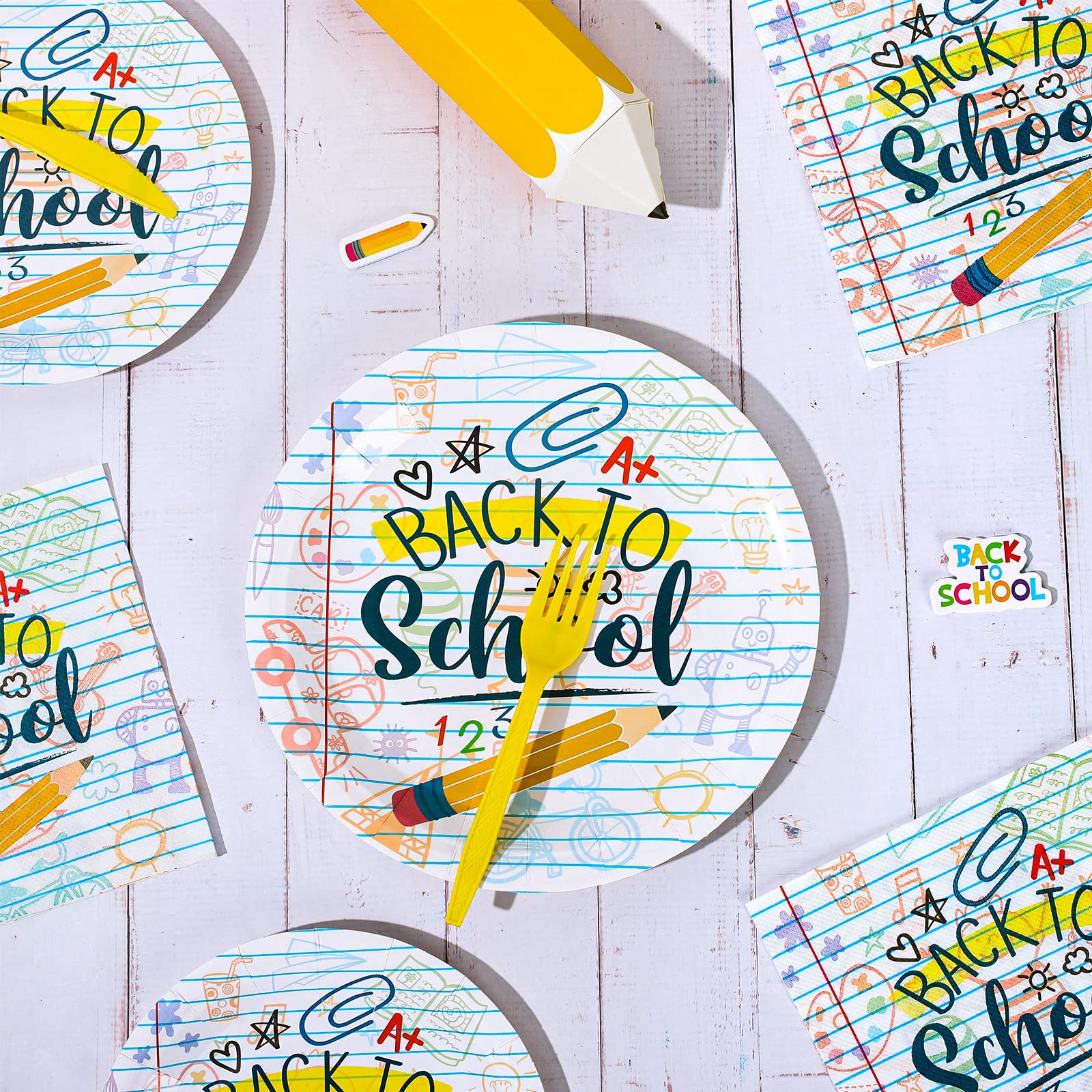 Whaline Back To School Tableware Set Homework Pencil Prints School Season Disposable Dinnerware Set 50Pcs Paper Plates 25Pcs Lun