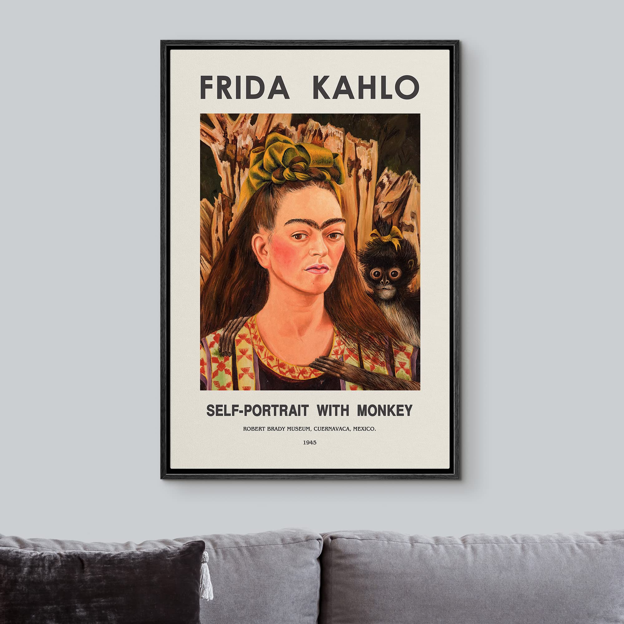 Idea4Wall Framed Canvas Print Wall Art Self-Portrait With Monkey By Frida Kahlo Historic Cultural Illustrations Fine Art Traditi