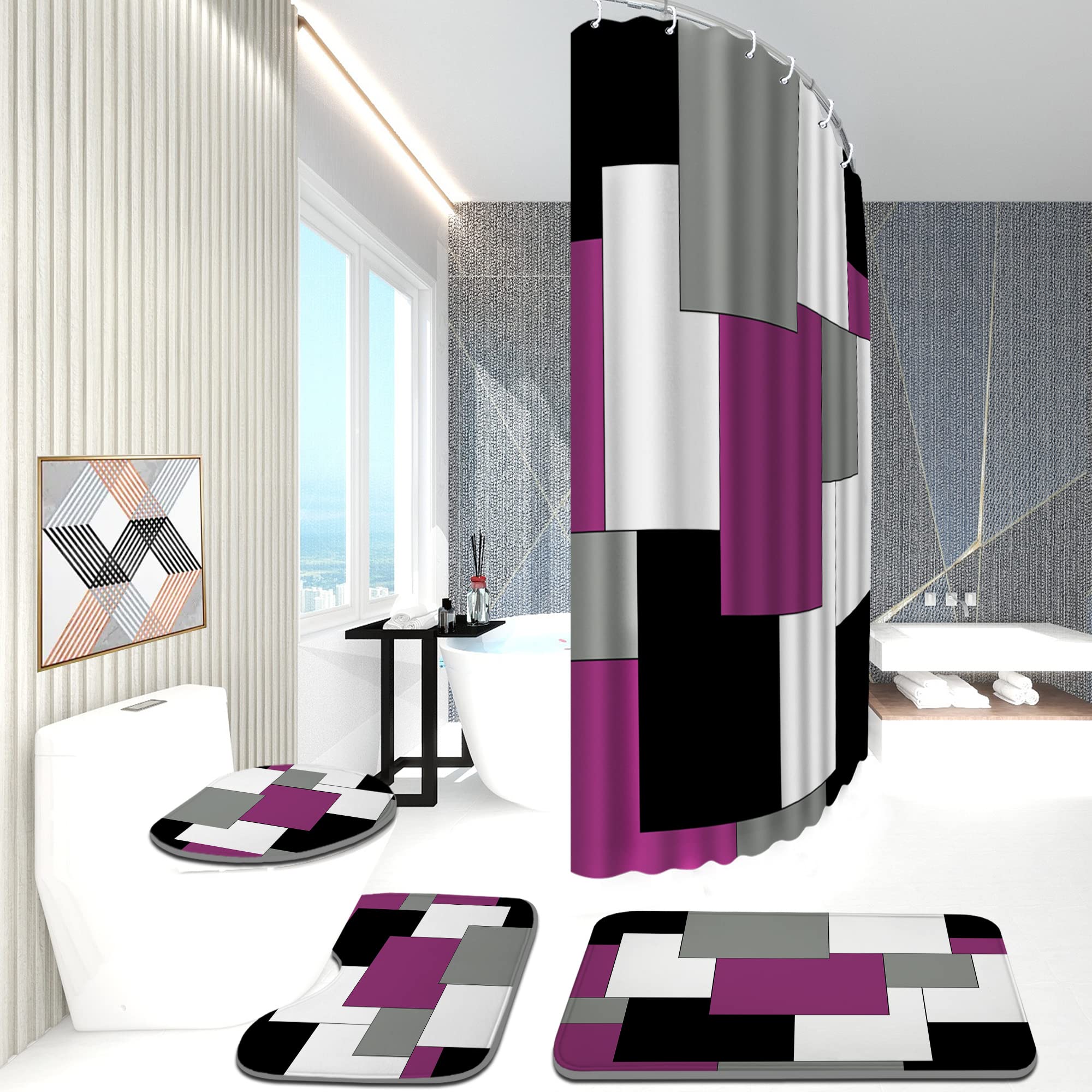 ENYORSEL Purple Bathroom Sets with Shower Curtain and Rugs  4 PCS Geometric Bathroom Shower Curtain Set with Rugs  Incl Shower Curtain with 12 Hooks  Bath Mat  U-Shaped Floor Mat  Toilet Lid Oval Rug