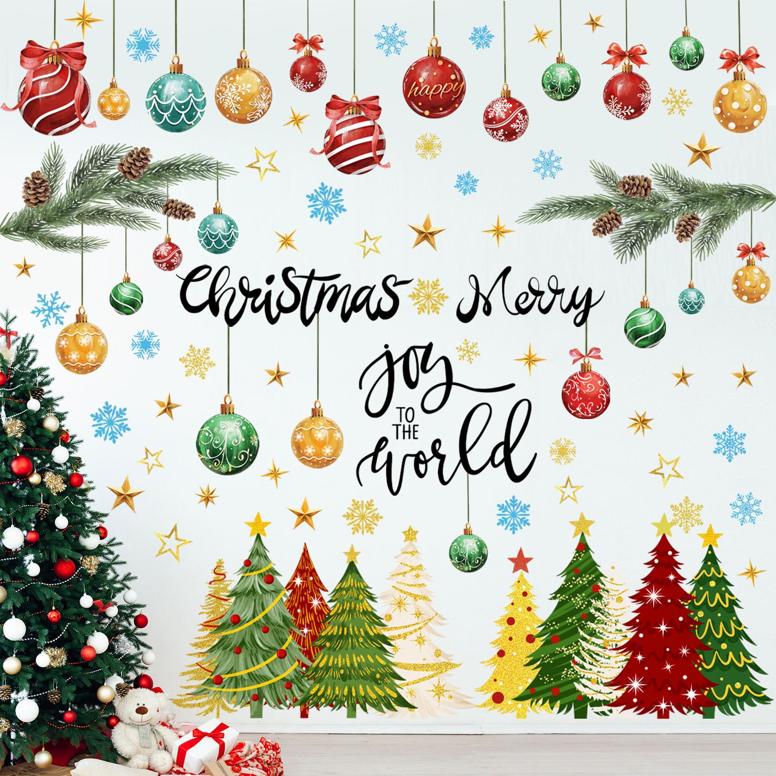 Chivertion 6 Sheets Vintage Christmas Wall Sticker, Oil Painting Xmas Tree Ball Pine Needle Decals, Winter Snowflake Stickers fo