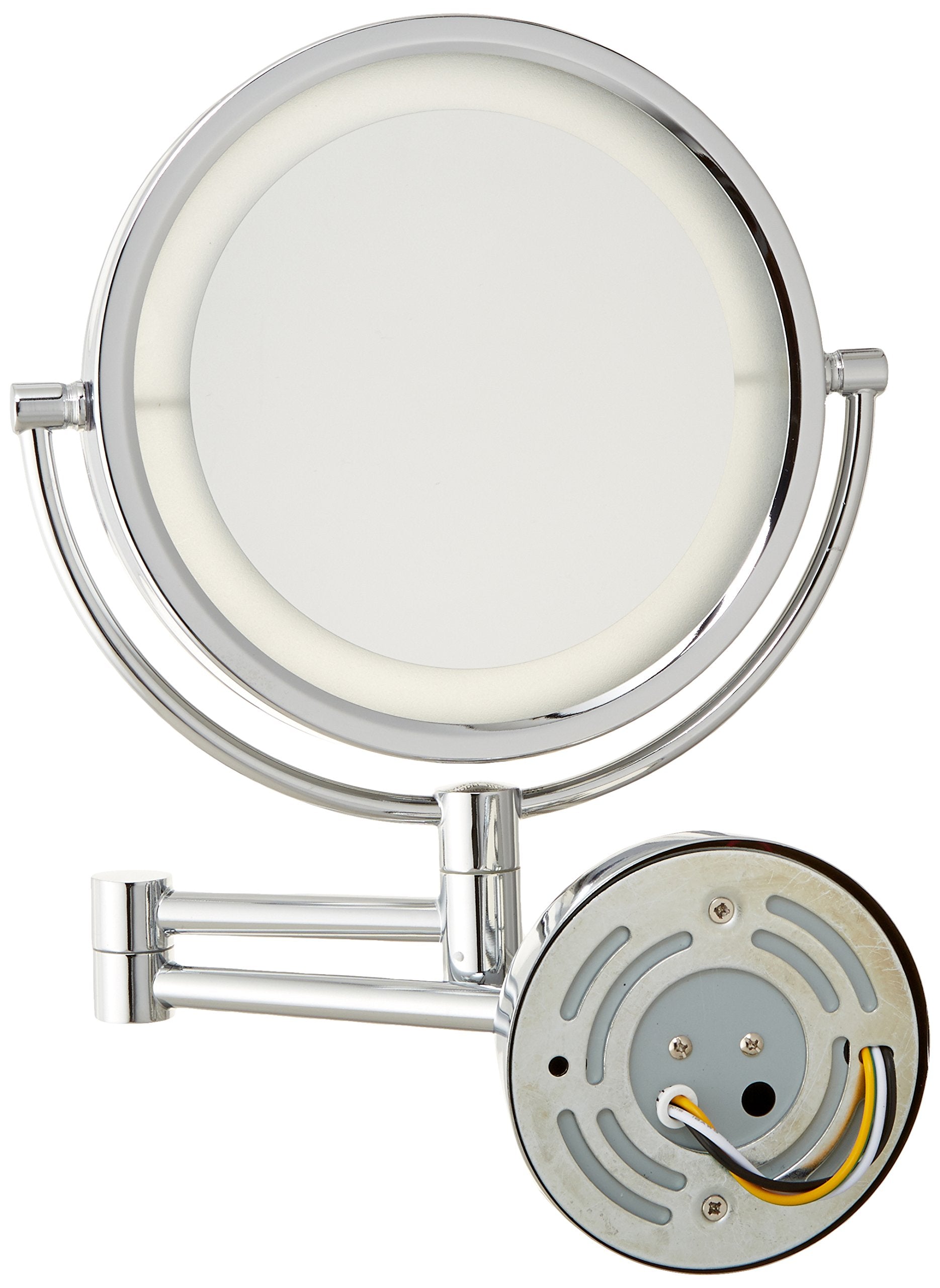 JERDON Two-Sided Wall-Mounted Makeup Mirror with Lights - Direct-Wired Lighted Makeup Mirror with 8X Magnification & Wall-Mount Arm - 8.5-inch Mirror - Model HL88CLD