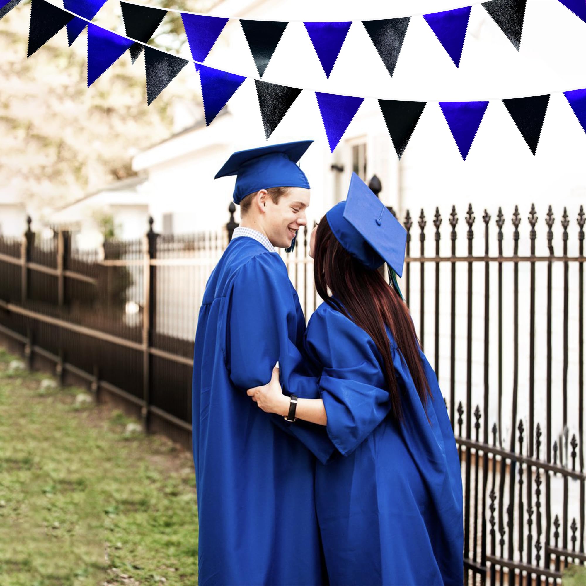 Royal Blue Black Party Decorations Navy Black Metallic Fabric Triangle Pennant Banner Flag Bunting Garland For Graduations Birth